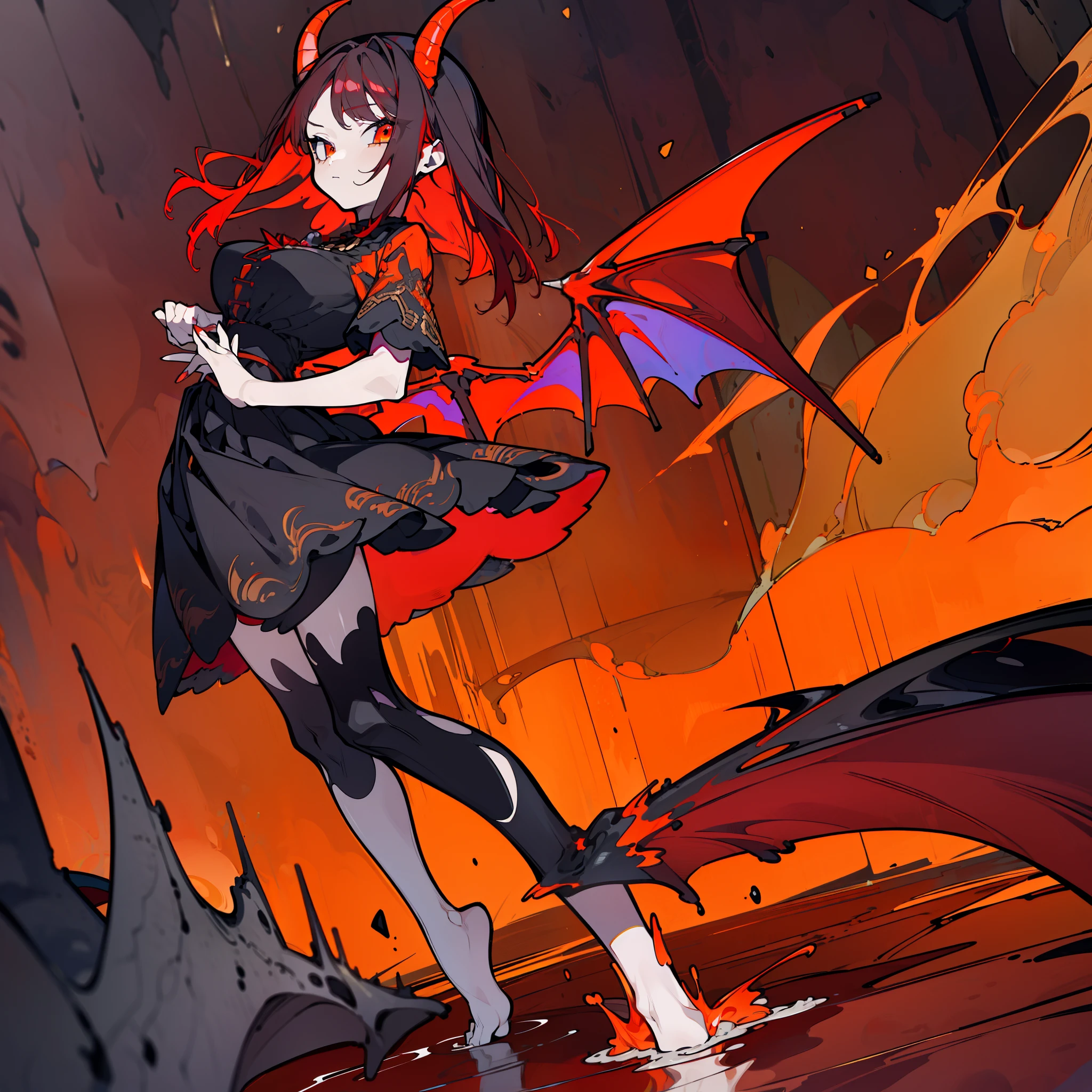 high high quality，tmasterpiece，Delicate facial features，Delicate hair，Delicate eyes，Delicate hair，A high resolution,beautifuldetails,Excellent human anatomy,(1 girl:1.3),Solo,full bodyesbian,(//Dragon female(huge red dragon horns,dragon wings):1.3//),Red hair,Orange eyes,Ruby jewelry necklace,(Loli,kiddy big breasts,Greer Jr),Black lace dress(The dress has a pannier),Bare feet,废墟,volcano background,(Stand on the floor made of black stone:1.3)+(Splashing magma everywhere:1.3)+(Spark!),(Golden ratio:1.2),[(Red background:1.4)::10]