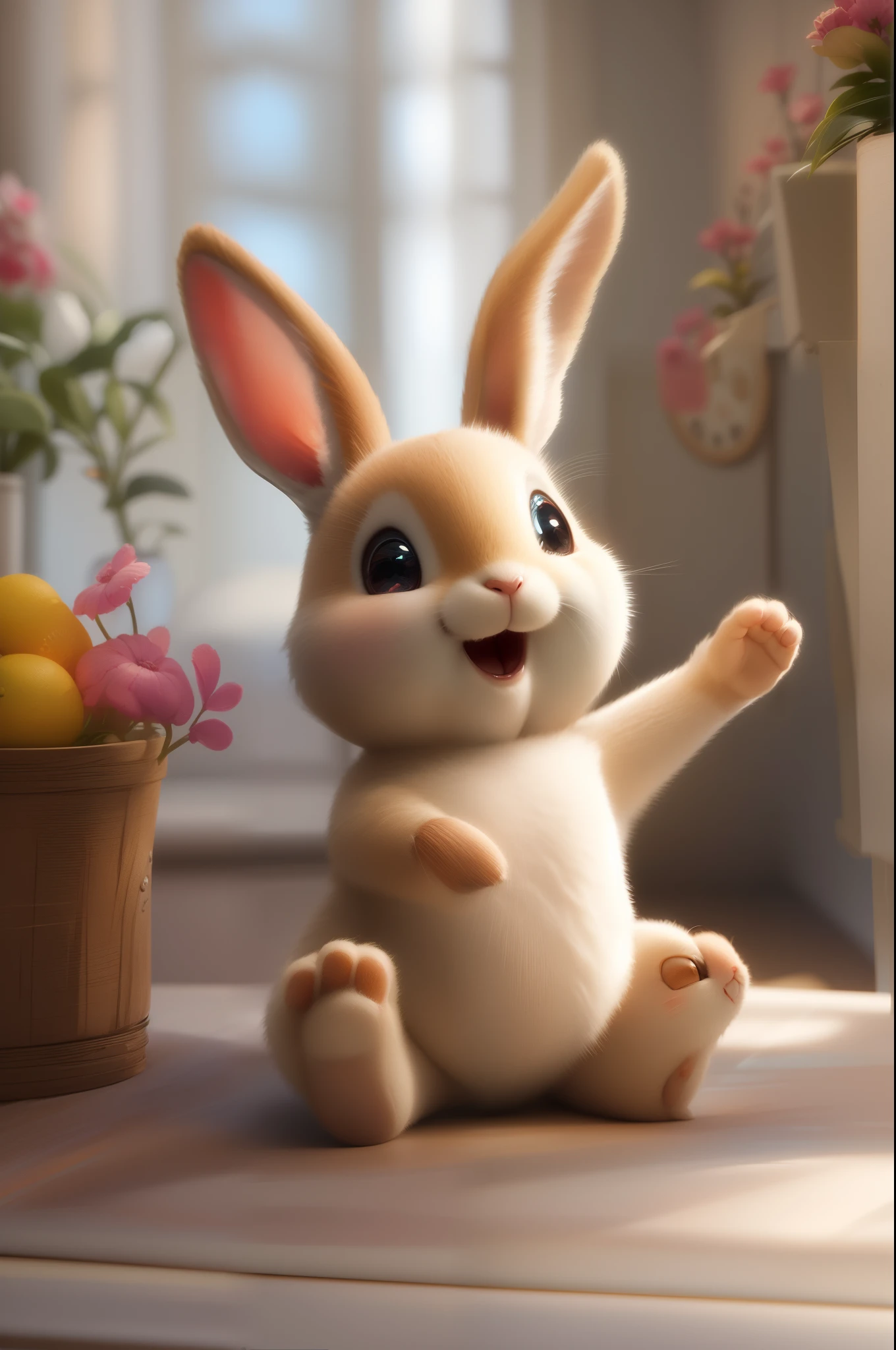 Cute adorable little bunny waving and smiling greeting me, unreal engine, cozy interior lighting, art station, detailed digital painting, cinematic, character design by mark ryden and pixar and hayao miyazaki, unreal 5, daz, hyper realistic, octane render, 3DMDT1