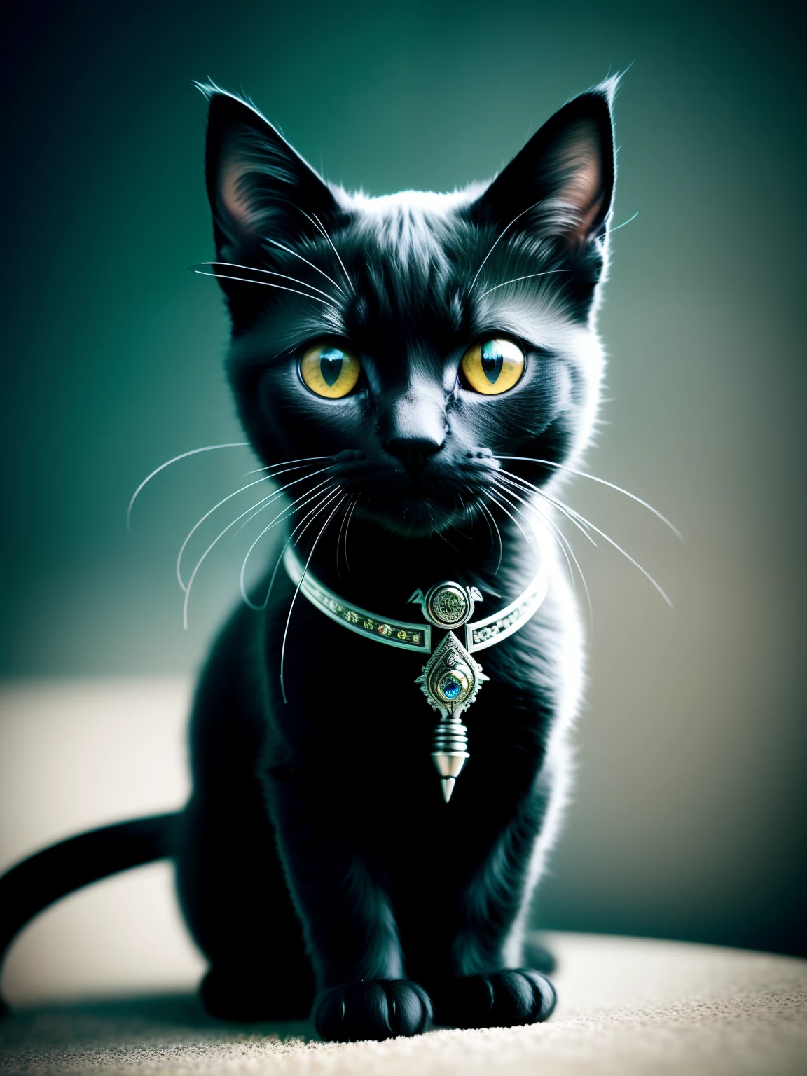 A beautiful black kitten made of metal, (cyborg:1.1), ([tail | detailed wire]:1.3), (intricate details), HDR, (intricate details, hyperdetailed:1.2), cinematic shot, vignette, centered