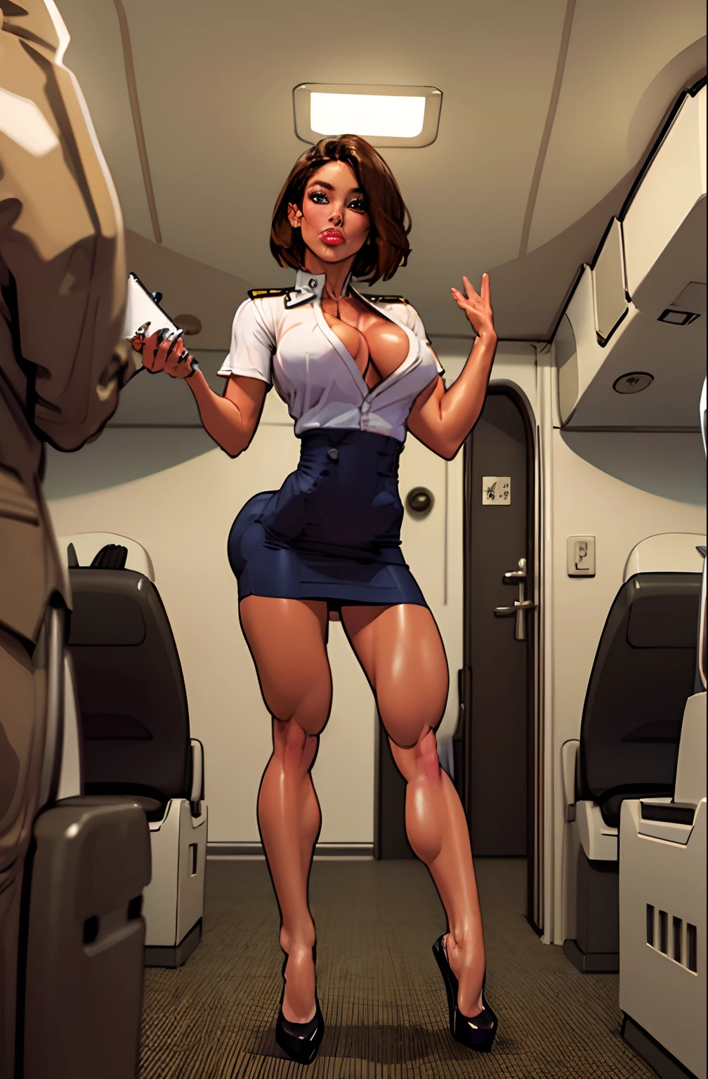 (Best quality, 8k, 32k, Masterpiece, UHD:1.2),Photo of Pretty Japanese woman, ((1 girl)), ((solo)) (medium-short dark brown hair), double eyelid, large breasts, breast cleavage, naked with sexy cabin attendant uniform, sexy tight uniform, short sleeve, short skirt, stockings, high heels, standing in airplane, look at viewer, faint smile, from below , crowd passenger
