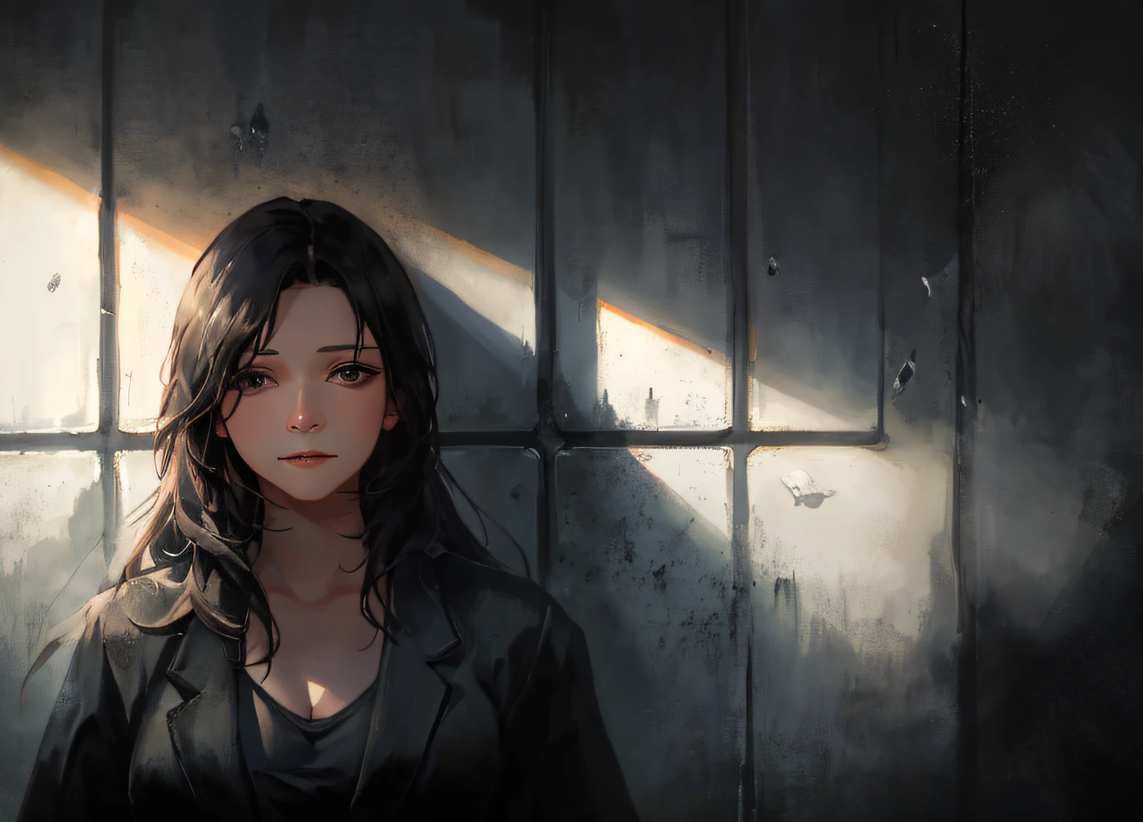 There is a girl standing in front of a building, (left), (front focus), front, (half-body close-up), (movie shot), comics, painting, big watery eyes, (crystal clear), (beautiful detailed eyes), delicate makeup, closed mouth smile, (small fresh: 1.5), shy expression, black hair, medium boobs, (soft boobs), cleavage, fair skin, black open-chest suit, a church in the background, (background blurred), (illustration), (dynamic angle), (detailed soul face((Beautiful Detailed Face)),Masterpiece,Best Quality, Ultra HD, (Realistic:1.4),, High Resolution, Detail, Original Photo, Sharp Re, Nikon D850 Film Stock Photo by Jeffery Lee 4 Kodak Portra 400 Camera F1.6 Lens Rich Colors Ultra Realistic Vivid Textures Dramatic Lighting Unreal Engine Art Station Trend Cinestir 800