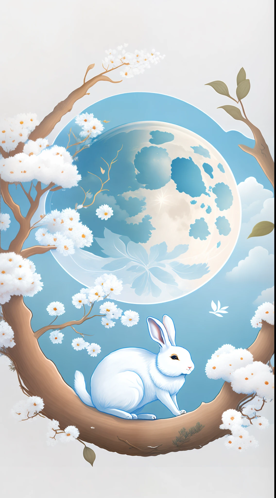 A full moon in the sky，Clouds float on both sides，A white rabbit under a full moon，Looking up at the full moon，A branch of osmanthus next to the white rabbit，T-shirt design，rzminjourney，vectorial art