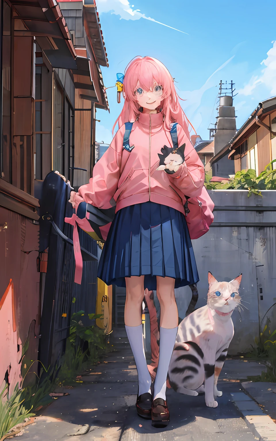 masterpiece, top-quality, Hi-Res, gotou1, gotou hitori, 独奏, skirt by the, Pink jersey, Track jacket, bangss, hair between eye, long-sleeve, a smile、Lots of cats、Surrounded by cats、blue-sky