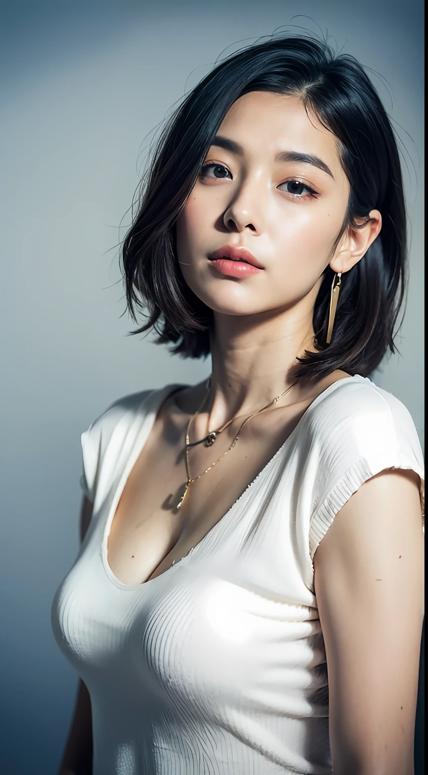 (highest quality, 8k, 32k, masterpiece, Ultra-high resolution:1.2),Beautiful Japanese Women Photos, very short bob hair,Upper body shot,Earrings, necklace, Simple Background, View your viewers, Exposing shoulders, Sheer silk lace crop top,Mouth half open、Embarrassed look、blush:2.5、Large Breasts