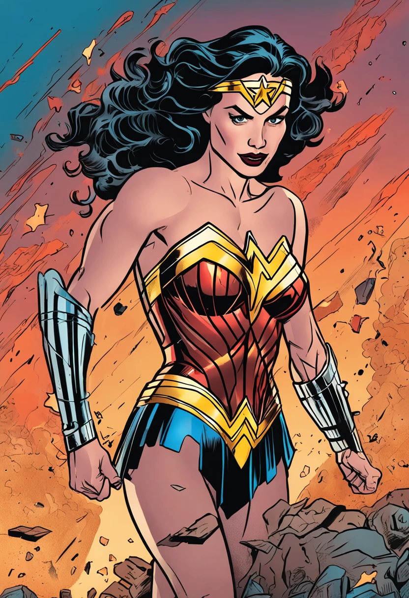 PonyXLV6_Scores , PnyCmicXLPOS, jemdzridpxl, wonder woman, fighting stance, action pose, 1girl, metropolis, 8k, uhd, best quality, cartoon, armor, trending on artstation, vibrant colors, long black hair, short skirt, armored skirt, outdoors, fantasy art, <lora:JoeMadPDXL:1>