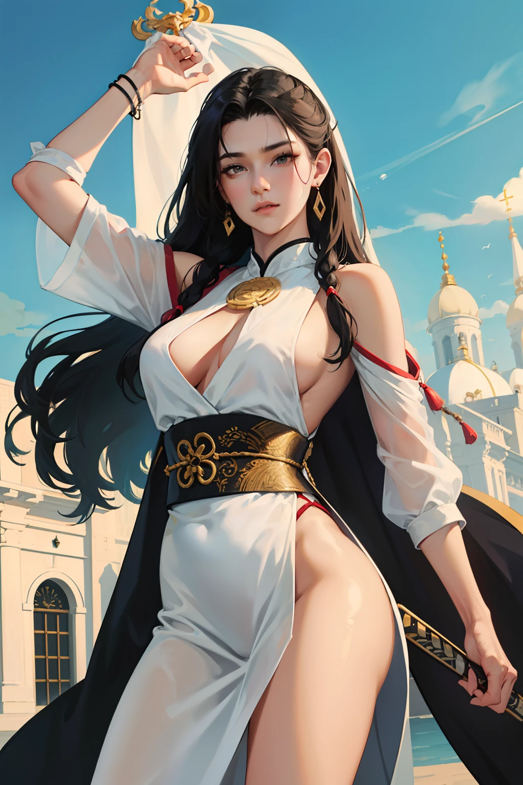 NSFW, obra-prima, melhor qualidade, ultra-detalhado, semi-realista, detailedfacialfeatures, 1 mulher madura, nome Shin Zilei,vestindo roupas antigas wuxia hanfu, cabelos brancos,longos,olhos negros, female,cor da roupa escura e sexy,voluptuosa,seios grandes,mulher sedutora, muito bonita,arrogantly holding a sharp-bladed sword, In front of the Celestial Palace,Villain.