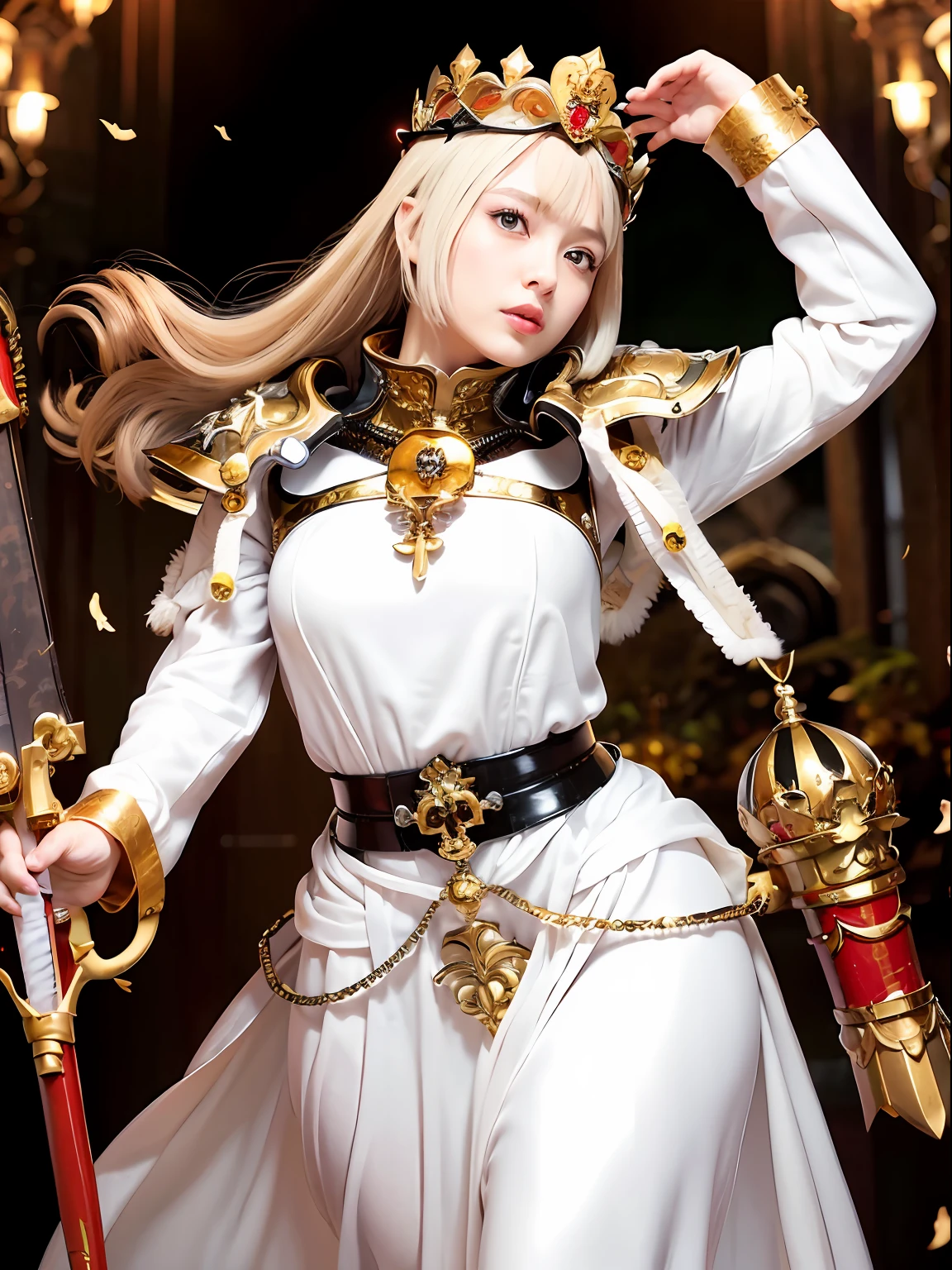 (masutepiece), Professional , masterpiece、top-quality、photos realistic , depth of fields (Gemstone White Metal Body:1.9),(Matte White、Jewel Gold Weapon(Jewel Metal Body:1.4),Gorgeous metal weapons ,(( Detailed and gorgeous sword of the brave)) , Beautiful knife ,warhammer 40k , adepta sororitas,Detail and ornate jewel crown、((Golden hair))、((Gangle's forest background))、Beautiful Caucasian beauty、1a person、dynamic ungle,(((Detailed and ornate diamond crown)))、Smaller head、A smile、Background inside the castle、Thin and beautiful female hands、cleavage of the breast、Soldier in iron armor on background、Mystical expression、Light Effects、intense fighting、Wind-effect、magic circles、With the legendary magic wand、