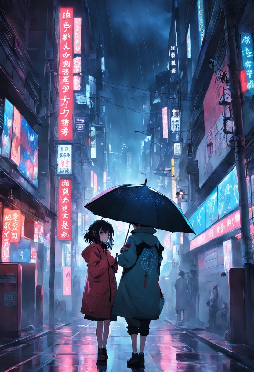 the night,orgy,holding a umbrella,byself,城市,cyber punk perssonage,smog,coat large,Earphone,the street,exteriors,neonlight,smog
