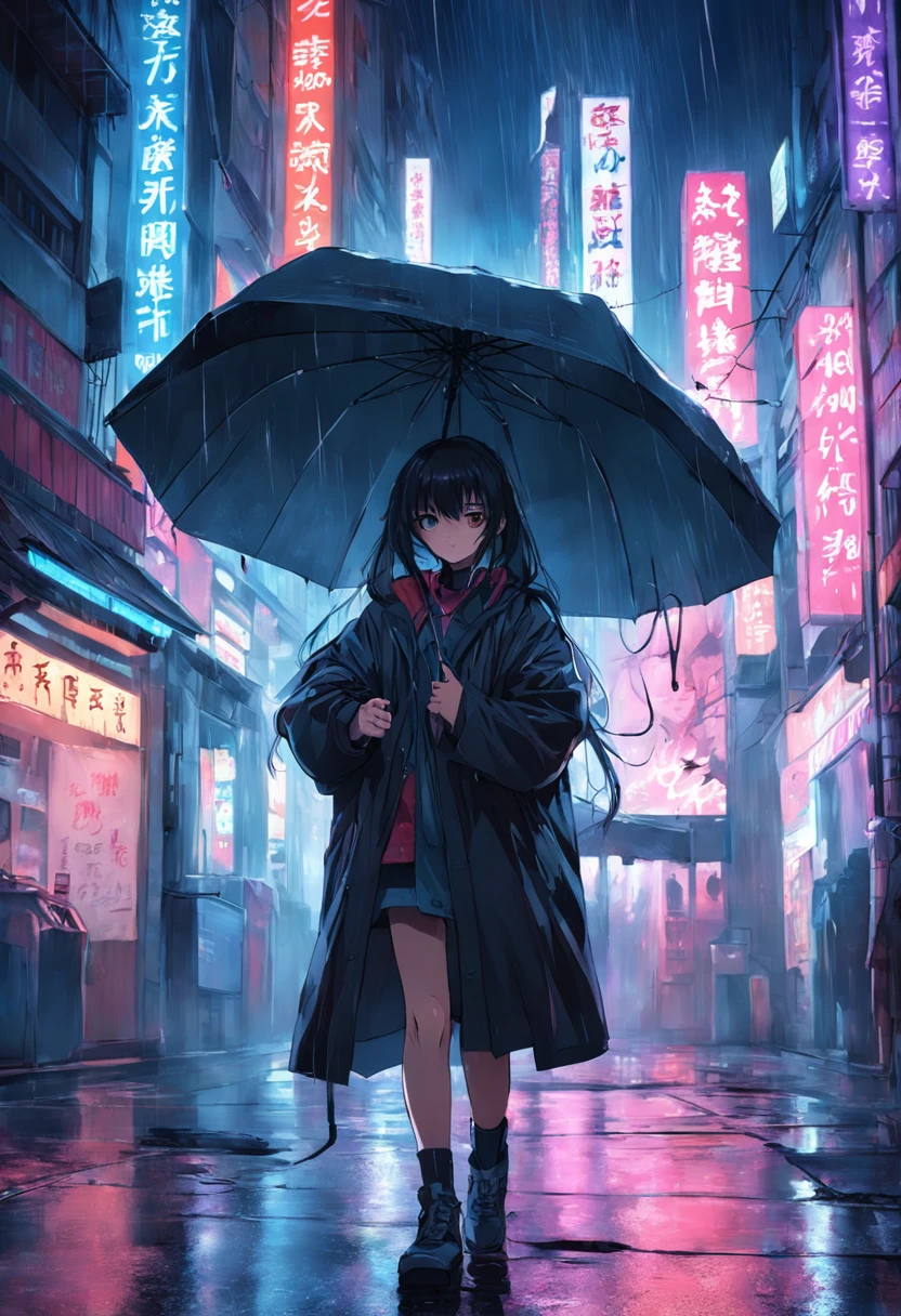 the night,orgy,holding a umbrella,byself,城市,cyber punk perssonage,smog,coat large,Earphone,the street,exteriors,neonlight,smog