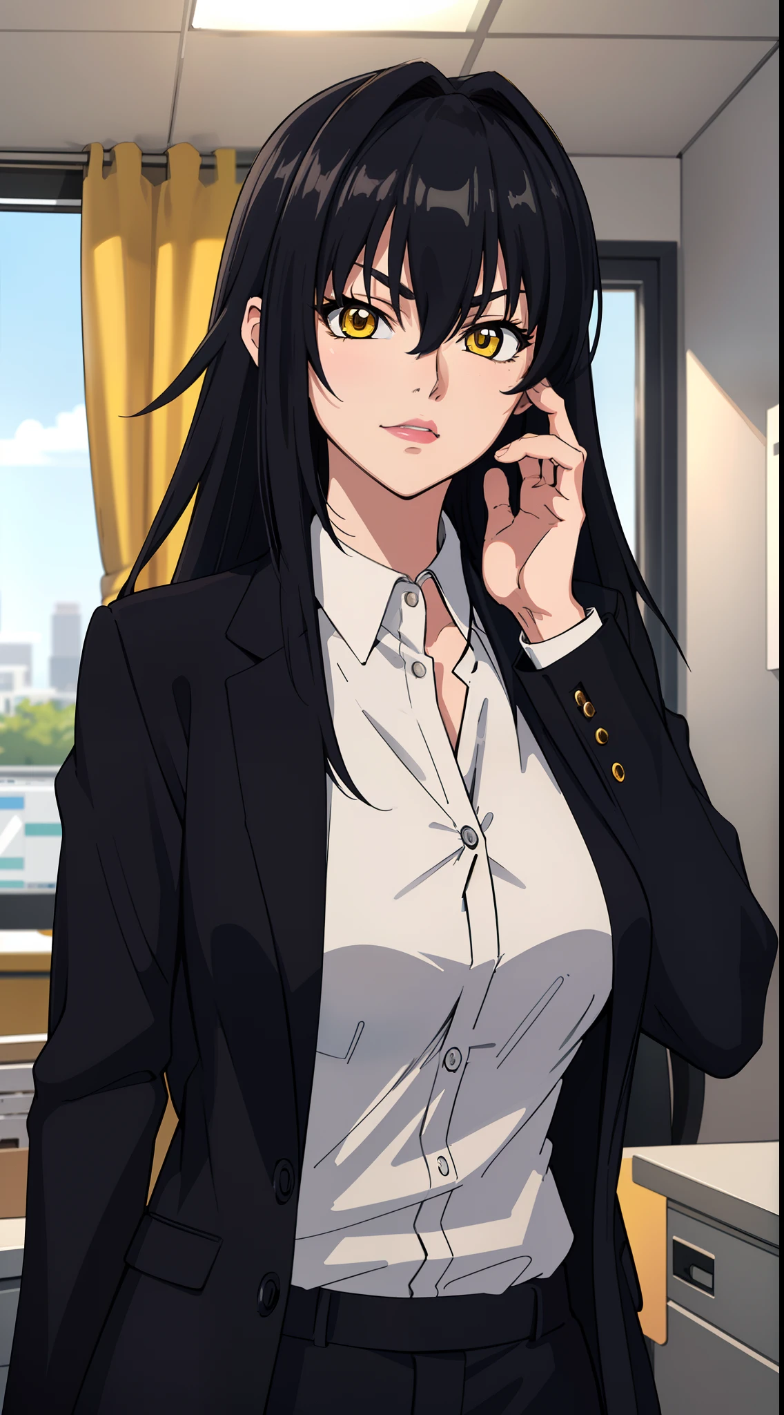 professional artwork, Intricate Details, field of view, sharp focus, detailed painting, photorealistic lighting, trending on pixiv,(masterpiece:1.0),(best_quality:1.0), ultra high res, ultra-detailed, photography, 8K, HDR, highres, absurdres:1.2, Kodak portra 400, film grain, sharp focus, bokeh:1.2, lens flare, (vibrant_color:1.2), (((indoors, dark night district))), Annerose, 1girl, female mature, ((long hair, black hair:1.4)), (yellow eyes), large breasts, ((formal clothes, office suit:1.4)), soft skin, hair intakes, (solo:1.4), (upper body, half body shot, teaching pose), confident, energetic