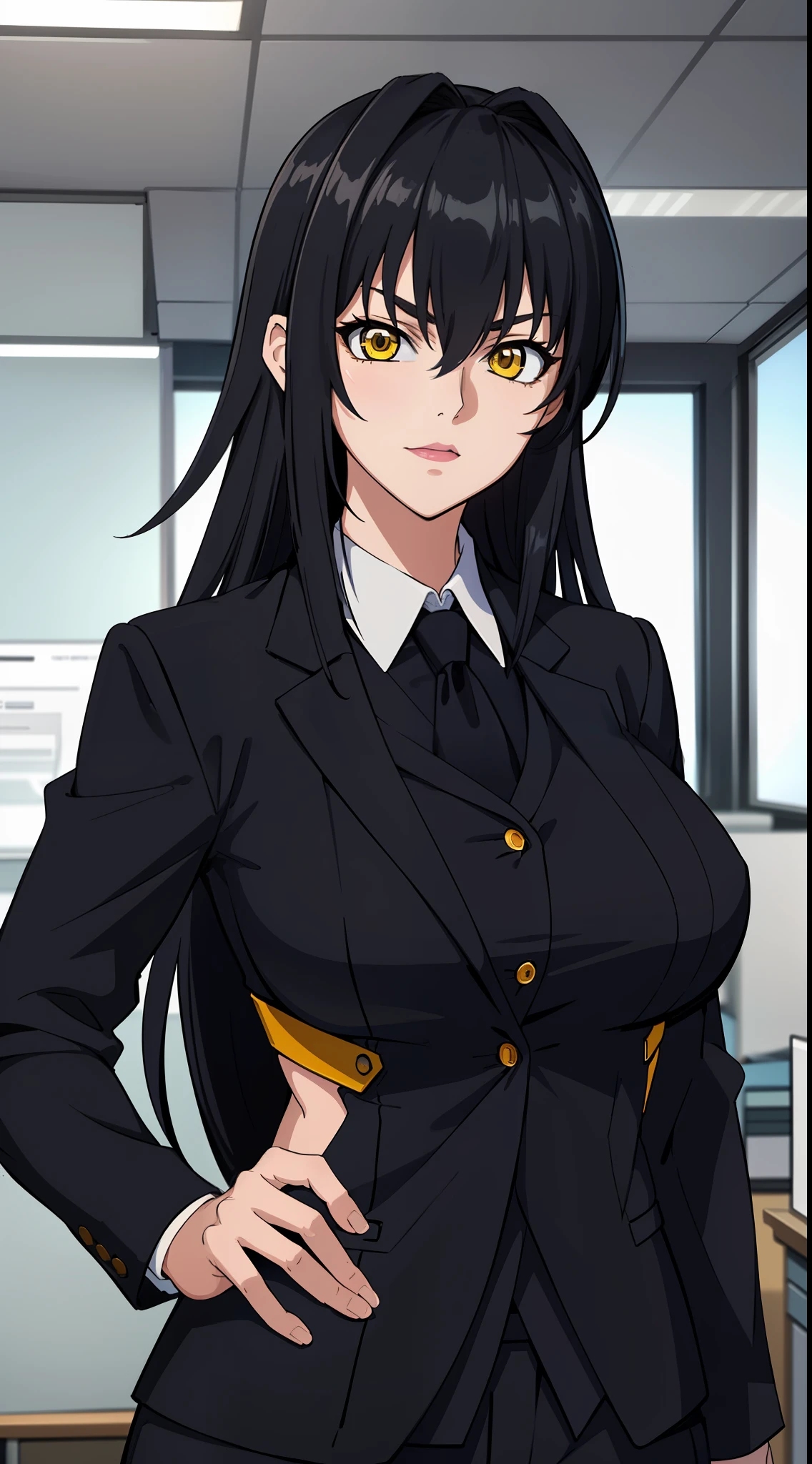 professional artwork, Intricate Details, field of view, sharp focus, detailed painting, photorealistic lighting, trending on pixiv,(masterpiece:1.0),(best_quality:1.0), ultra high res, ultra-detailed, photography, 8K, HDR, highres, absurdres:1.2, Kodak portra 400, film grain, sharp focus, bokeh:1.2, lens flare, (vibrant_color:1.2), (((indoors, dark night district))), Annerose, 1girl, female mature, ((long hair, black hair:1.4)), (yellow eyes), large breasts, ((formal clothes, office suit:1.4)), soft skin, hair intakes, (solo:1.4), (upper body, half body shot, teaching pose), confident, energetic