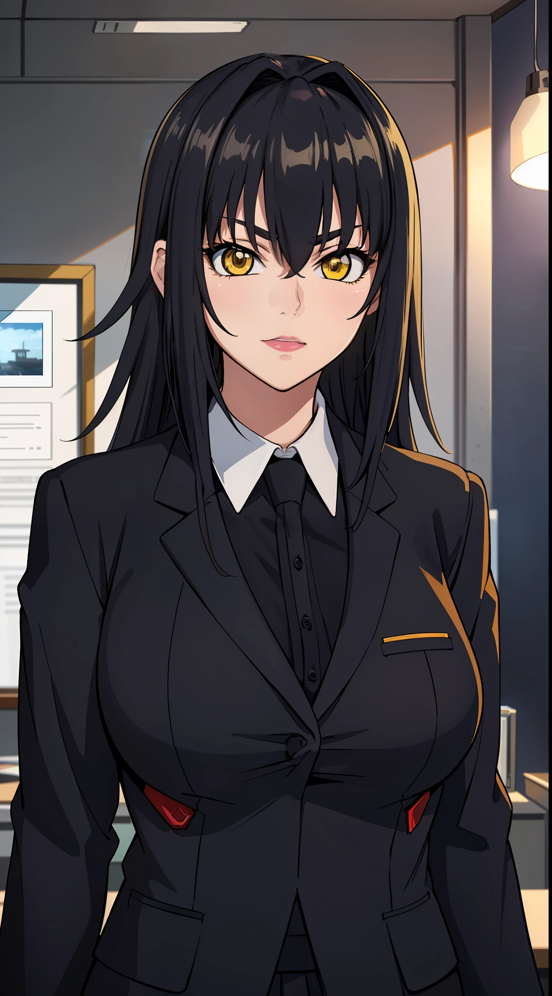 professional artwork, Intricate Details, field of view, sharp focus, detailed painting, photorealistic lighting, trending on pixiv,(masterpiece:1.0),(best_quality:1.0), ultra high res, ultra-detailed, photography, 8K, HDR, highres, absurdres:1.2, Kodak portra 400, film grain, sharp focus, bokeh:1.2, lens flare, (vibrant_color:1.2), (((indoors, dark night district))), Annerose, 1girl, female mature, ((long hair, black hair:1.4)), (yellow eyes), large breasts, ((formal clothes, office suit:1.4)), soft skin, hair intakes, (solo:1.4), (upper body, half body shot, teaching pose), confident, energetic