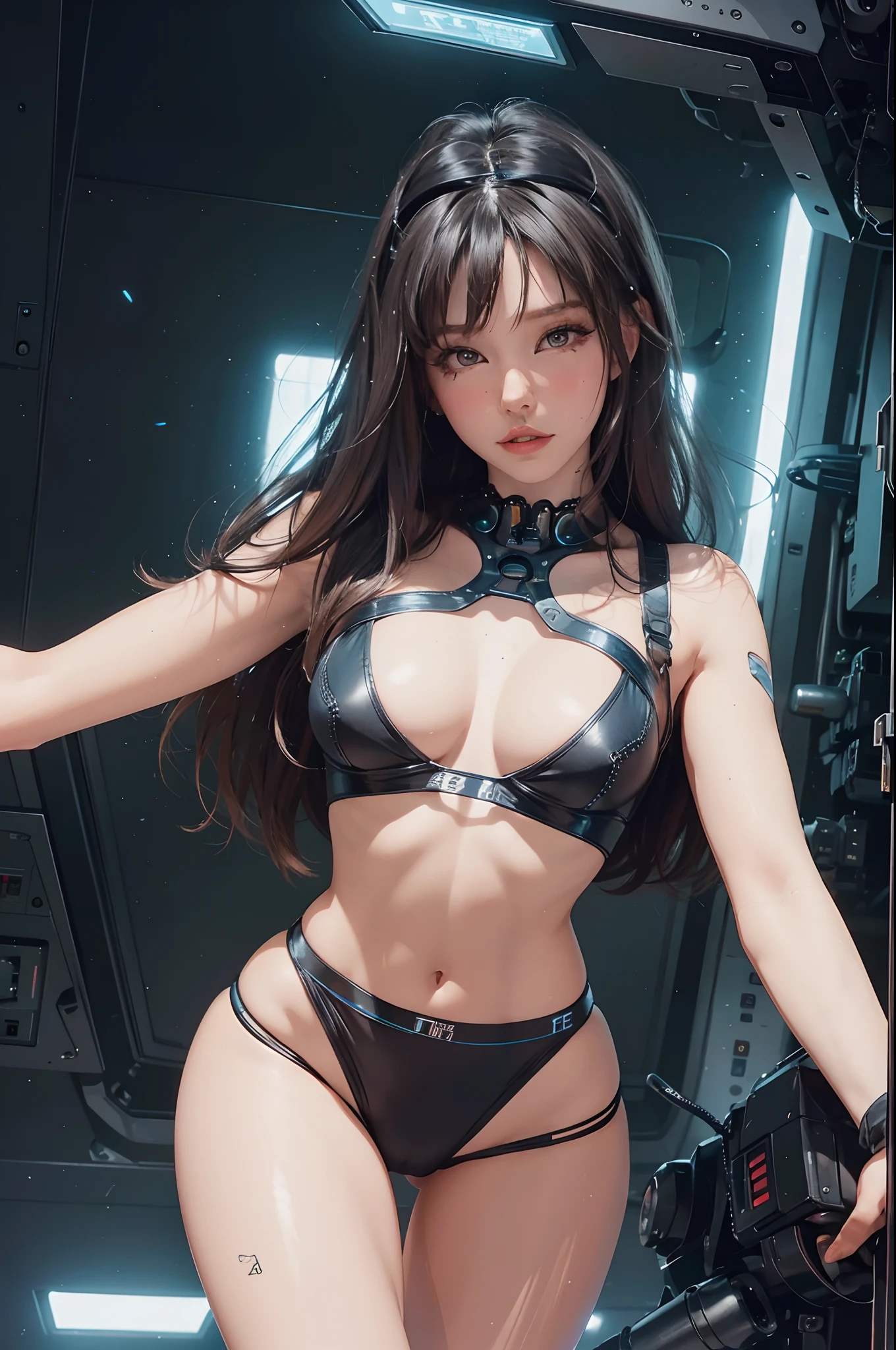 Beautiful cybernetic girl looking at the camera in underwear detailed muscles realistic masterpieces dynamic poses