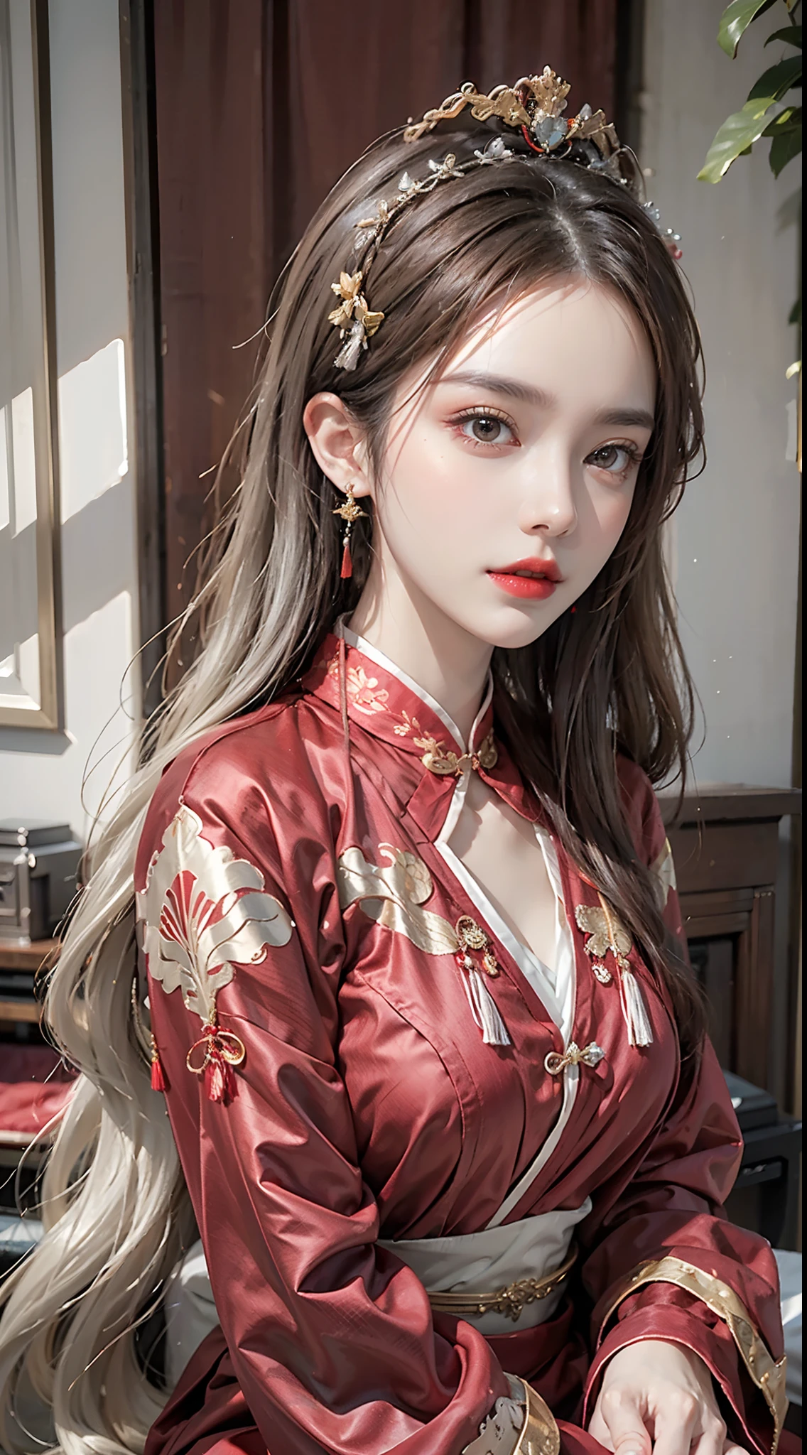 (Ultra-realistic 8k CG: 1.2), perfect artwork, delicate patterns, intricate details, (unparalleled masterpiece, best quality: 1.2), (extremely complex: 1.2), a woman in a red and gold dress, phoenix crown, hair stick, (sitting on a red bed), makeup, blush, shyness, white hair, looking down, cosmetics, (forehead point), (2 red candles), Chinese_clothes, curtains, earrings, hair_ornament,hanfu, interior, jewelry, red nails, long_sleeves, red dress, red lips, tassels, (red quilt), (red palace: 1.2), (ancient Chinese architecture), (red: 1.8), night