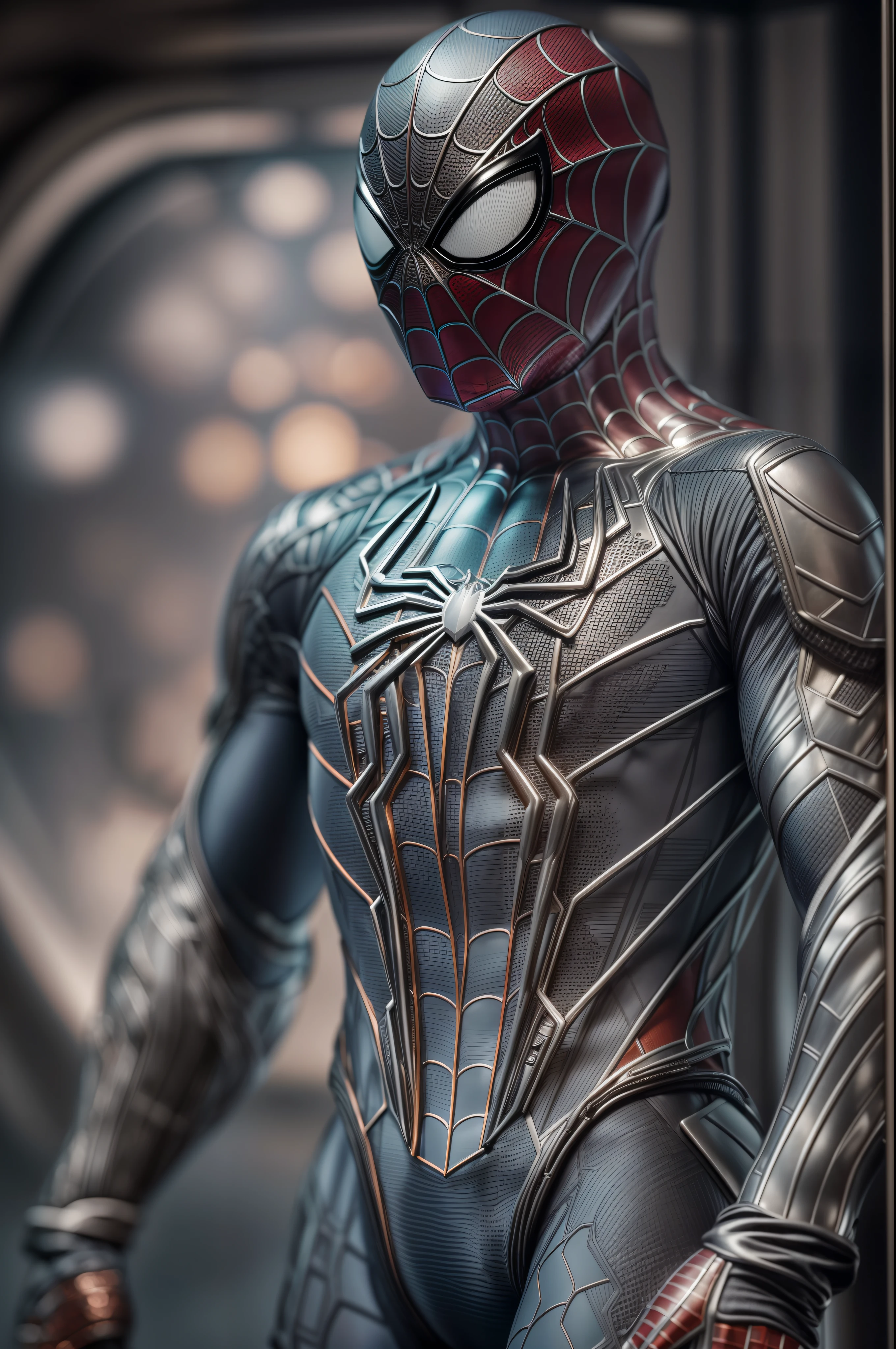 An intricate silver and carbon Spiderman cybiotics suit, extremely detailed suit, micro-details, photorealism, one light, dark photo, deep shadows, shallow depth of field, photorealistic, Surrealism, high quality, masterpiece, 8k, 8k, super detail, full body portrait
