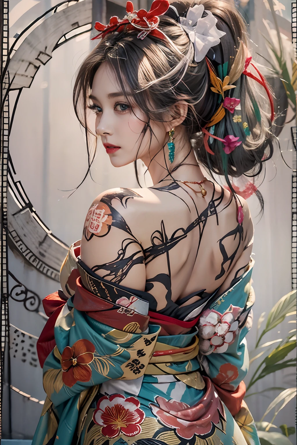 Photorealistic, High resolution, 1womanl, Solo, hips up high, look at viewr, (Detailed face), Kimono, The tattoo, Jewelry