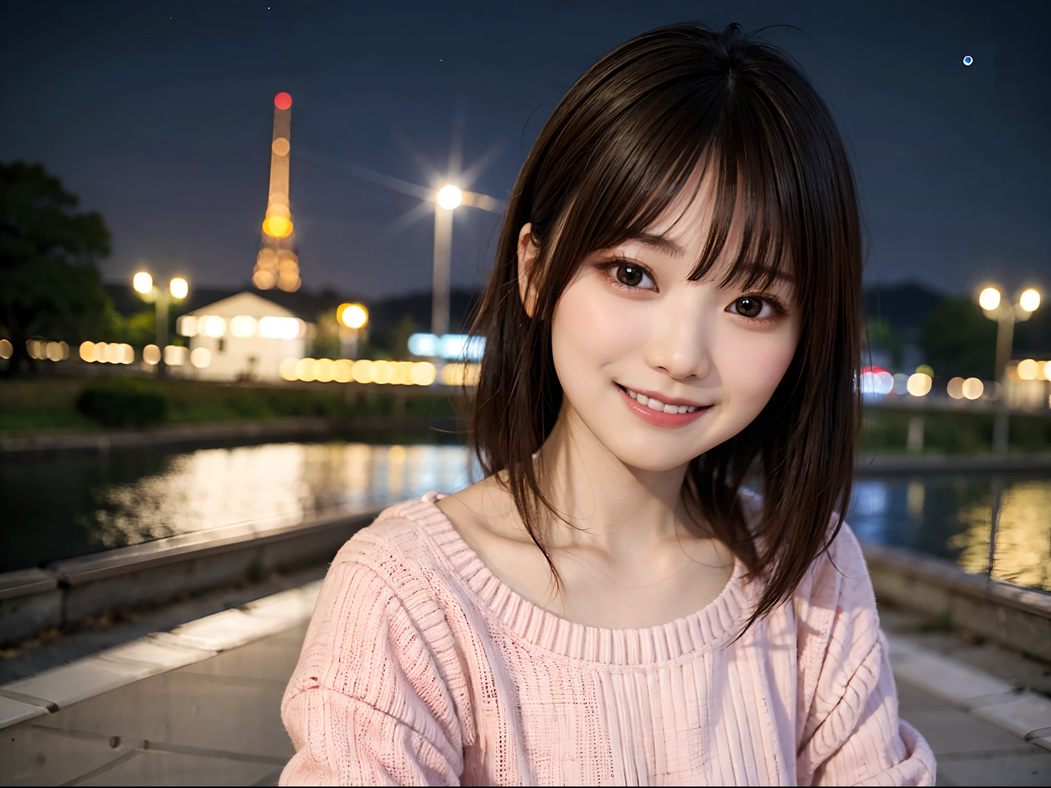 Japan woman in casual clothes on street corner at night、Wearing glasses with a black-rimmed frame、looking at the viewers、(top-quality、masterpiece)))、hight resolution、ighly detailed、masterpiece、Movie Lighting、(8K、top-quality、masterpiece:1.2)、(realisitic、Photorealsitic:1.37) Hi-Res、Super Detail、Asian, cute little, cute face, 独奏, Short hair 1.2, Textured skin, beautiful smiling face, Beautiful detailed night sky, night landscape、Movie Lighting, depth of fields, Lens flare light、(The upper part of the body:0.5)、Dating、(blush nose)、(a smile:1.15)、(Mouth closed)tiny chest、beautiful finely detailed eyes、(Sweaters:1.1)、(shorth hair:1.2)、Floating hair Nova frog style