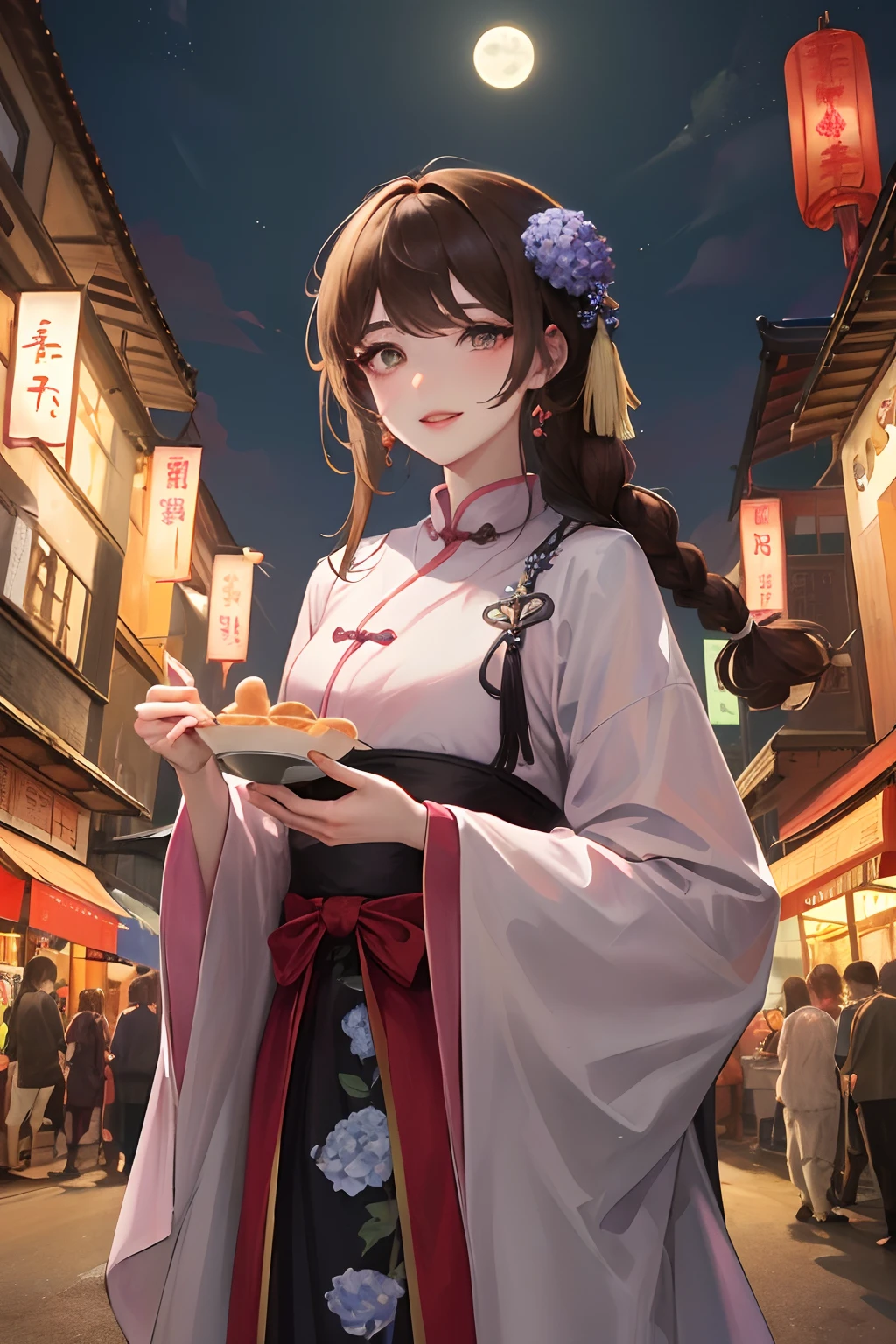 Masterpiece, Best quality, Night, full moon, 1 girl, Mature woman, Chinese style, Ancient China, sister, Imperial sister, Smile, Brown hair, Princess cut, Single strips of fried dough twisted braid, Coiled hair, Double ball head, Light pink lips, calm, Intellectual, mid hair, green pupills, Hairpin, hydrangea,