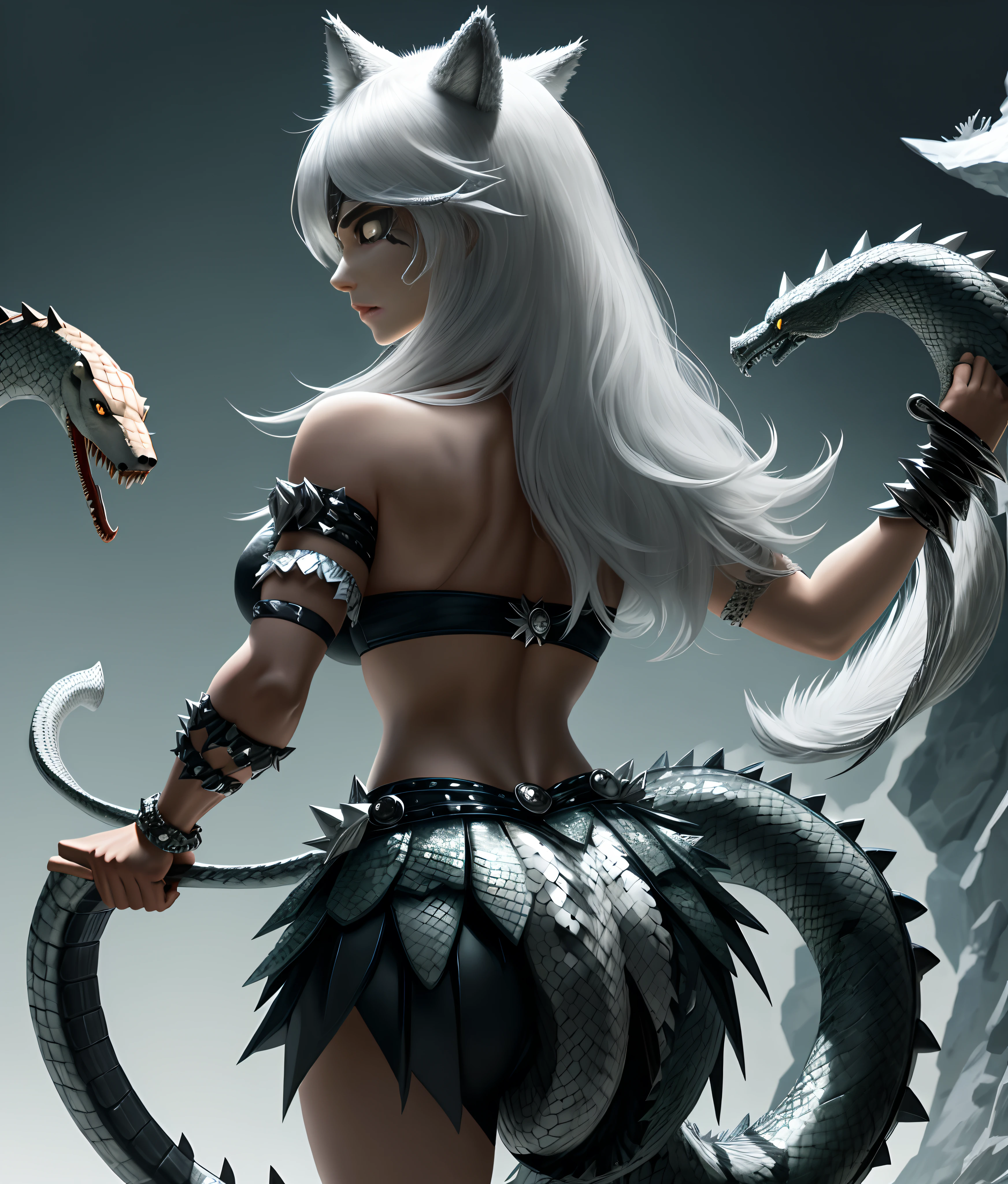 Wolf head,Bear body,Snake tail,Crocodile claws,crystal hair,Backstab,Tail barb with barb,Covered with scales,One-eyed