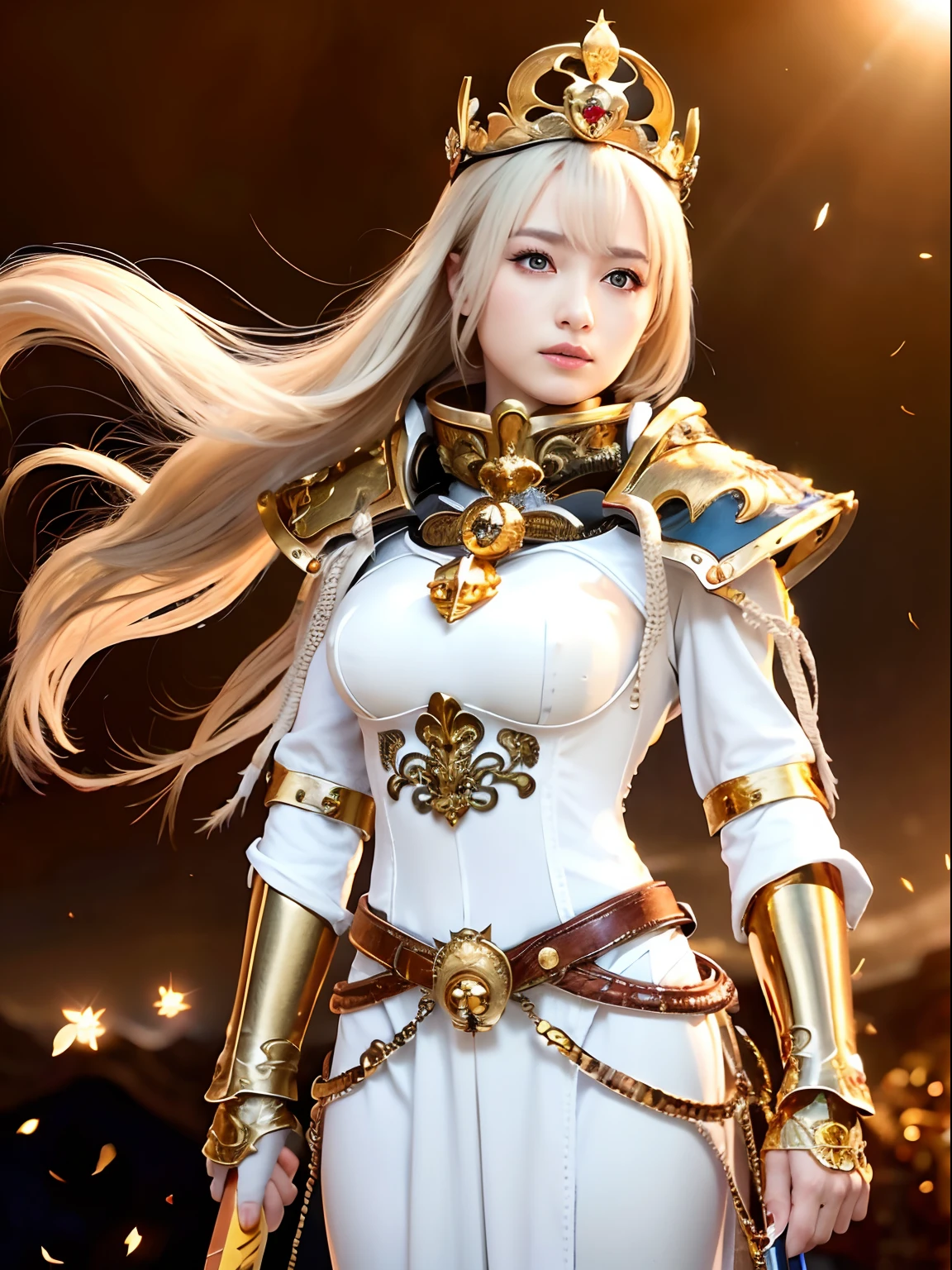 (masutepiece), Professional , masterpiece、top-quality、photos realistic , depth of fields (Gemstone White Metal Body:1.9),(Matte White、Jewel Gold Weapon(Jewel Metal Body:1.4),Gorgeous metal weapons ,(( Detailed and gorgeous sword of the brave)) , Beautiful knife ,warhammer 40k , adepta sororitas,Detail and ornate jewel crown、((Golden hair))、((Gangle's forest background))、Beautiful Caucasian beauty、1a person、dynamic ungle,(((Detailed and ornate diamond crown)))、Smaller head、A smile、Background inside the castle、Thin and beautiful female hands、cleavage of the breast、Soldier in iron armor on background、Mystical expression、Light Effects、intense fighting、Wind-effect、magic circles、With the legendary magic wand、