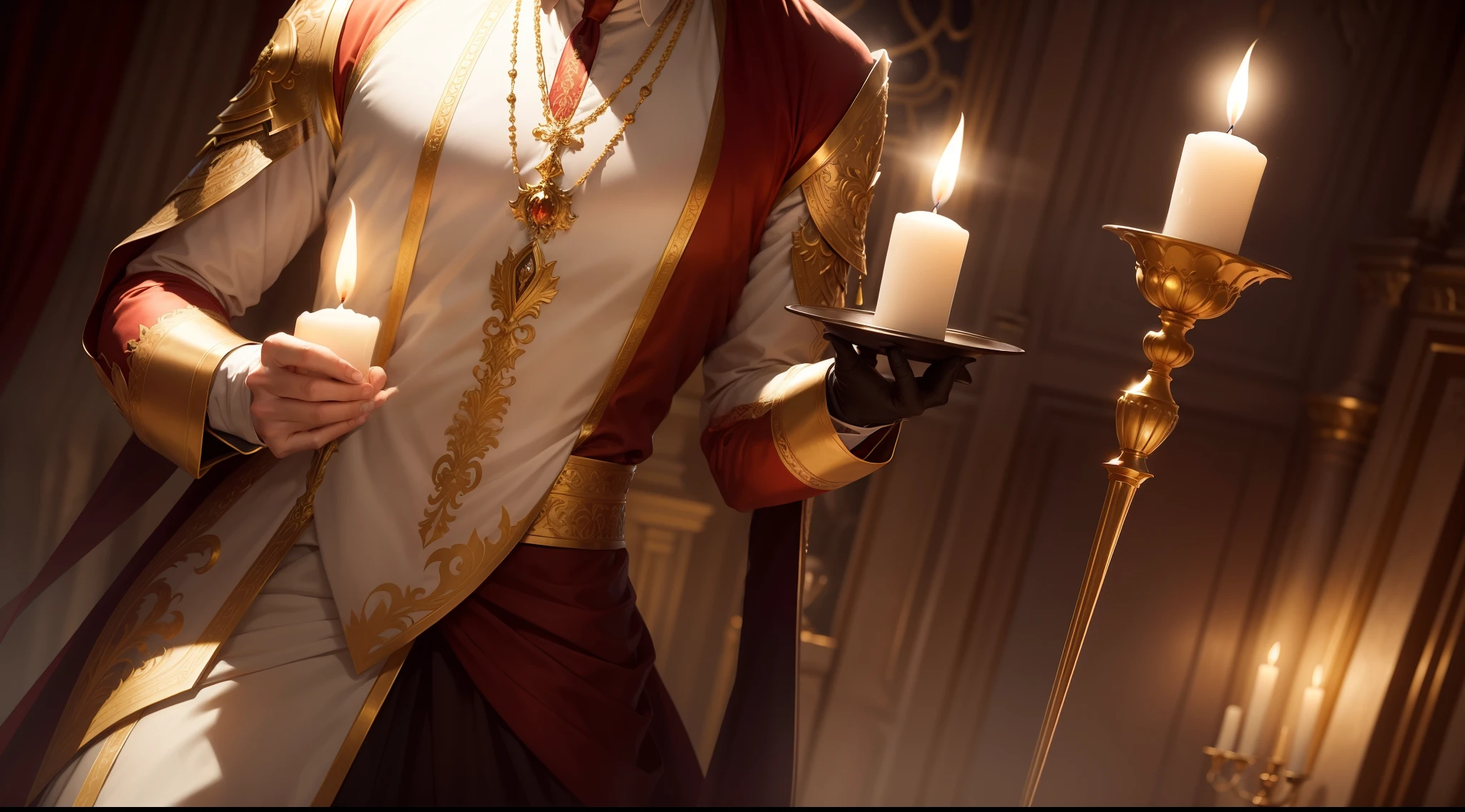 "An elegant and enchanting male servant with a captivating expression, dressed in exquisite attire and illuminated by the soft glow of candlelight."