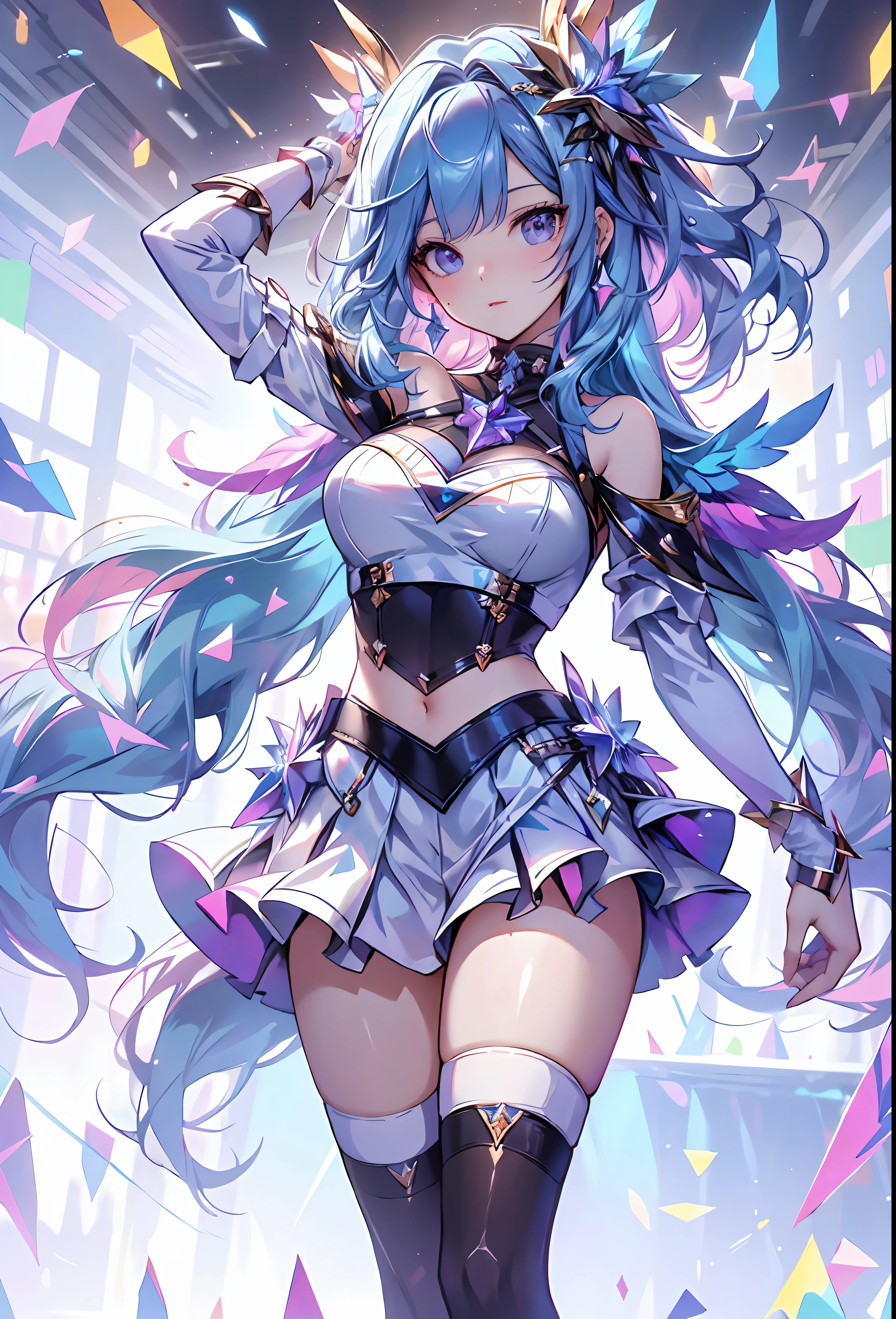 ((ultra-detailed CG Unity 8K Wallpaper,best quality, masterpiece)), an extremely delicate and beautiful, floating, high resolution, 
[(1girl),(multi-colored hair+blue hair:1.2+pink hair:1.2+purple hair+white hair:1.2),(delicate and beautiful eyes:1.1), black choker, pink ribbons, dynamic pose, delicate stockings, long shot]:0.8.