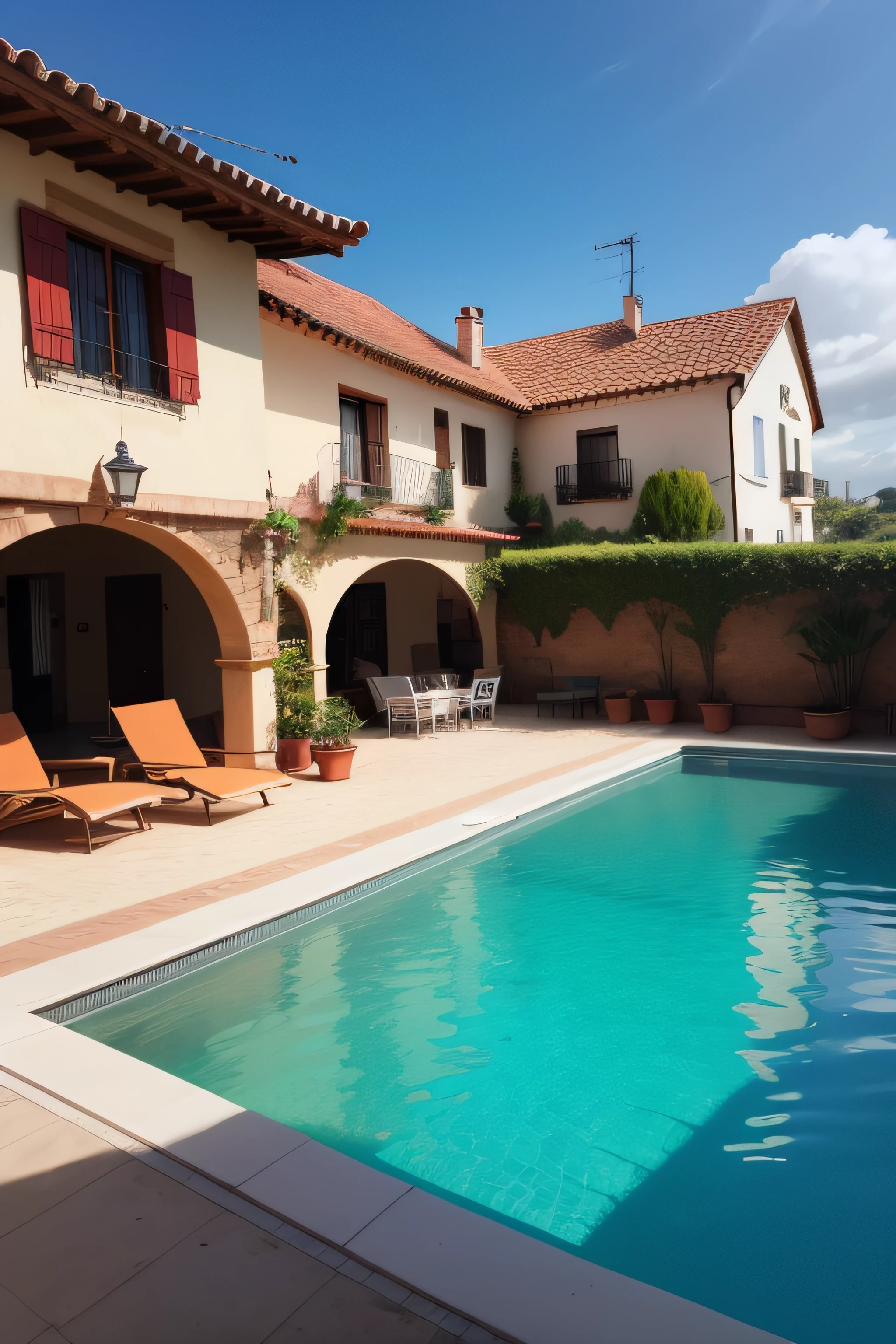 casal feliz, in the background with a Mercedes and a mansion with pool
