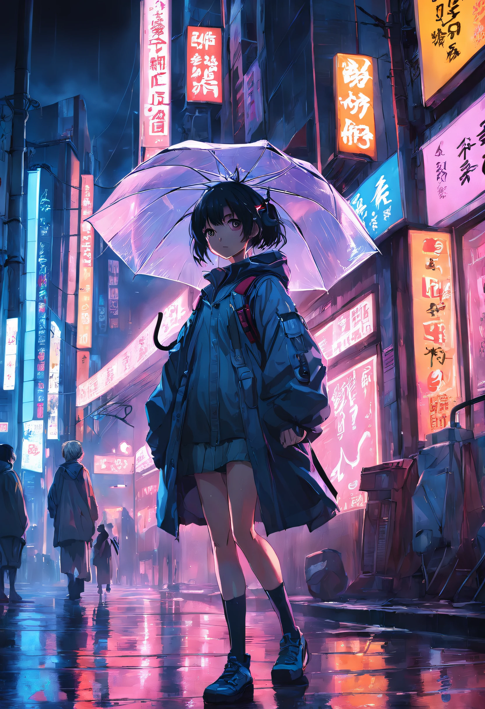 the night，orgy，holding a umbrella，byself，城市，cyber punk perssonage，smog，coat large，Earphone，the street，exteriors，neonlight，smog