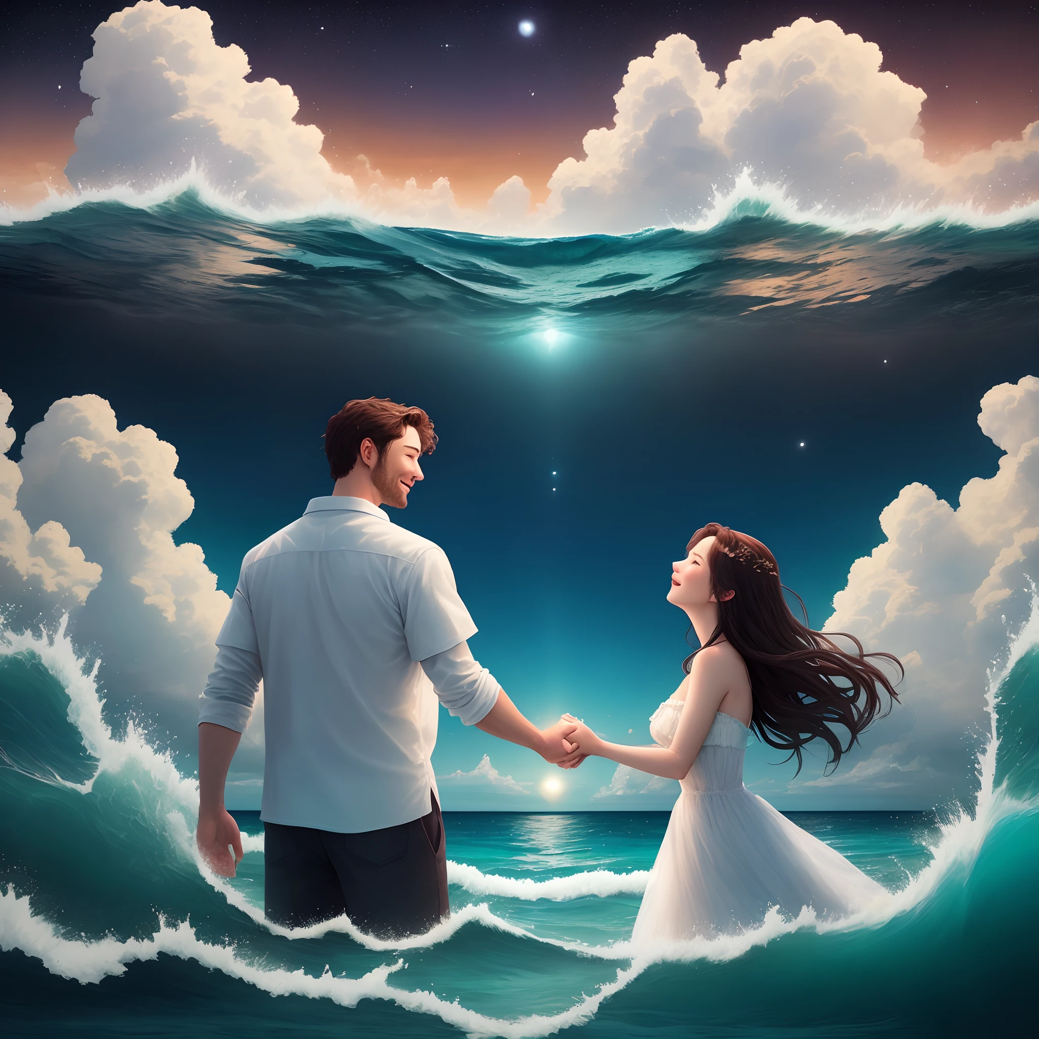 A man and a woman in the ocean hear the rhythm of each other's hearts against the background of Jupiter from wildflowers