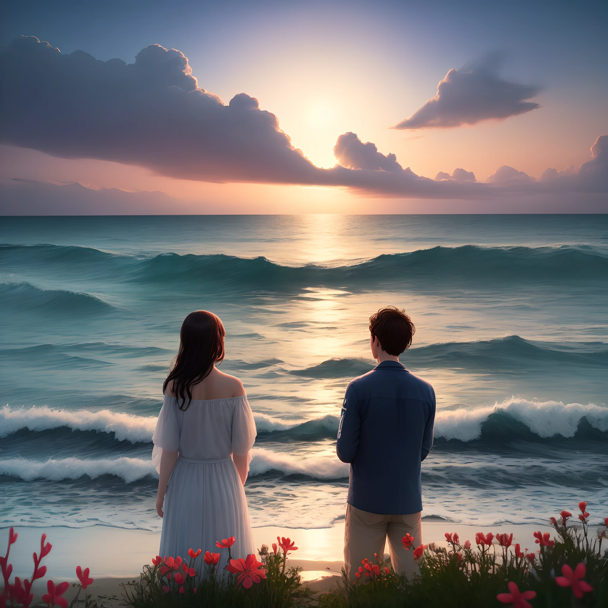 A man and a woman in the ocean hear the rhythm of each other's hearts against the background of Jupiter from wildflowers
