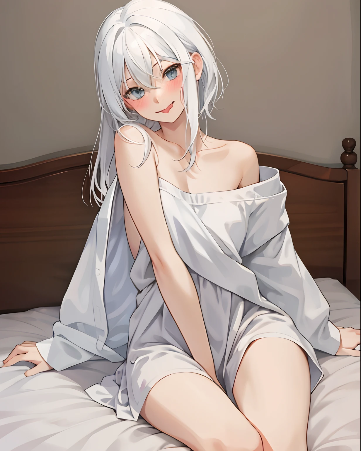 Nsfw, nude, 1girl, solo, pile of cushions, living room, naked bathrobe, undressing, twintails, white hair, red eyes, medium breasts, toned, narrow waist, wide hips, seductive smile, white pubes, imminent sex, , young, standing,