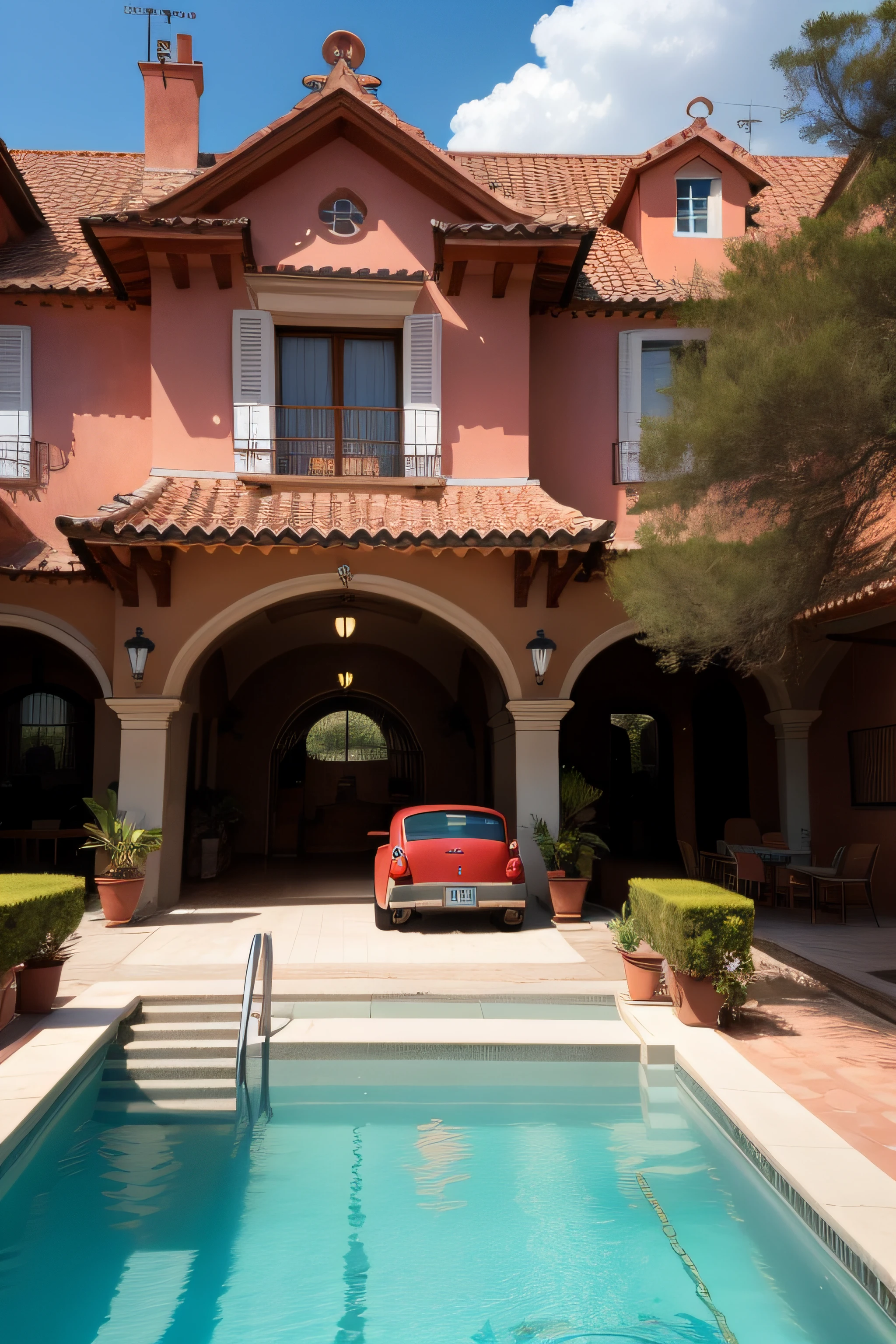 casal feliz, in the background with a Mercedes and a mansion with pool