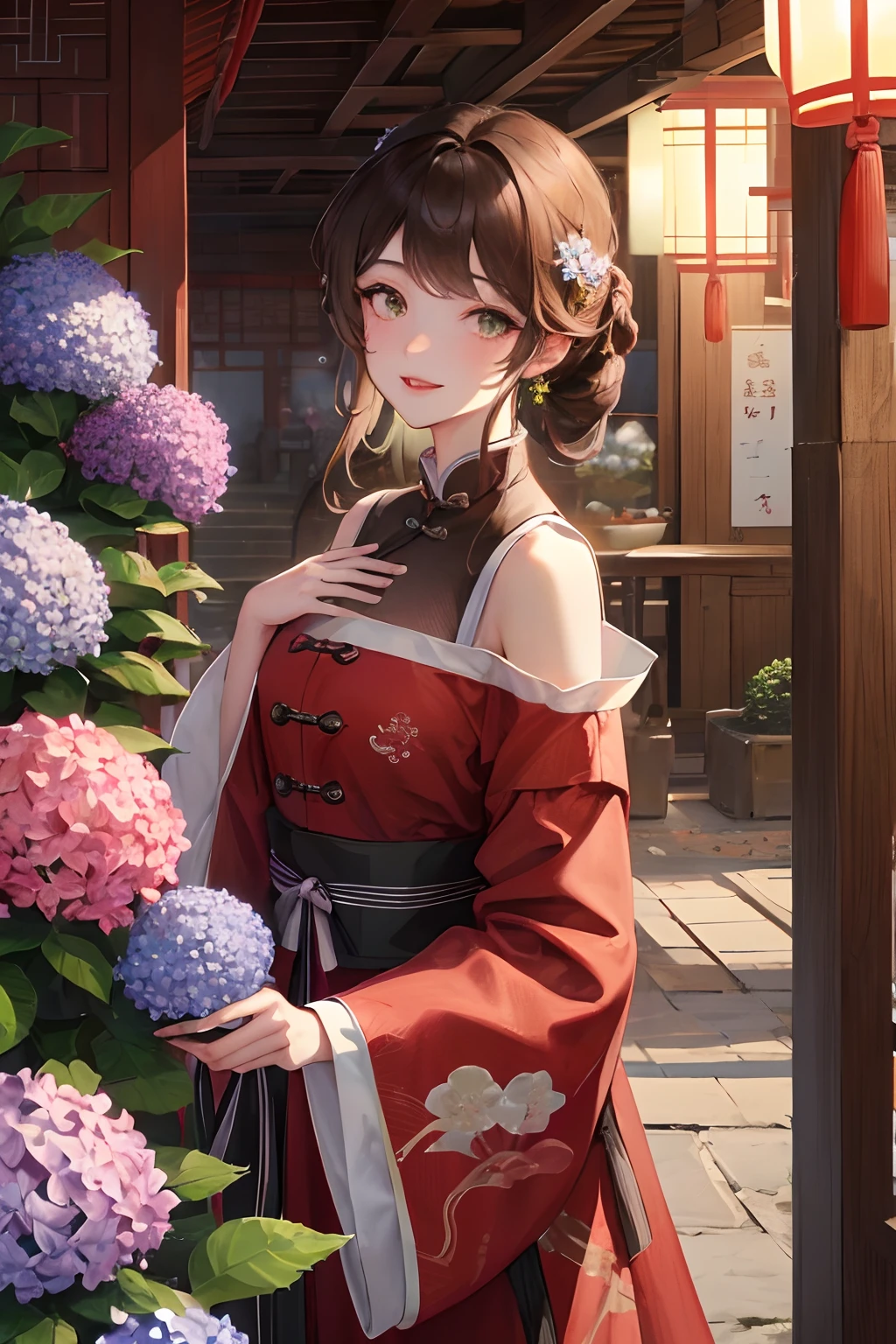 Masterpiece, Best quality, Night, full moon, 1 girl, Mature woman, Chinese style, Ancient China, sister, Imperial sister, Smile, Brown hair, Princess cut, Single strips of fried dough twisted braid, Coiled hair, Double ball head, Light pink lips, calm, Intellectual, mid hair, green pupills, Hairpin, hydrangea,