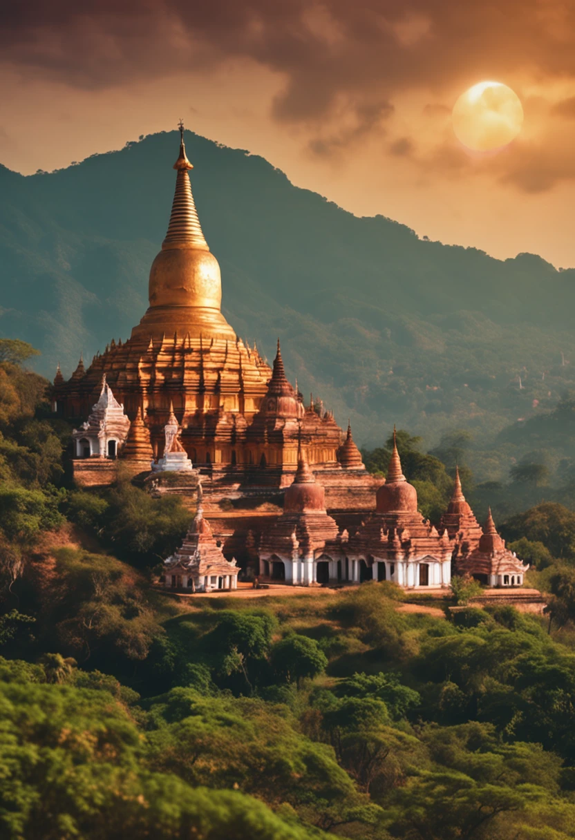 landscape of Myanmar, white pagoda and monastery on the hill, intricate image, 8k, uhd
