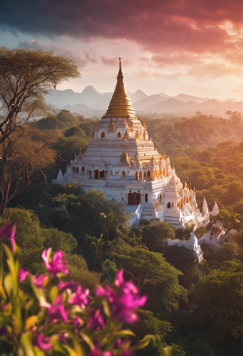 landscape of Myanmar, white pagoda and monastery on the hill, intricate image, 8k, uhd