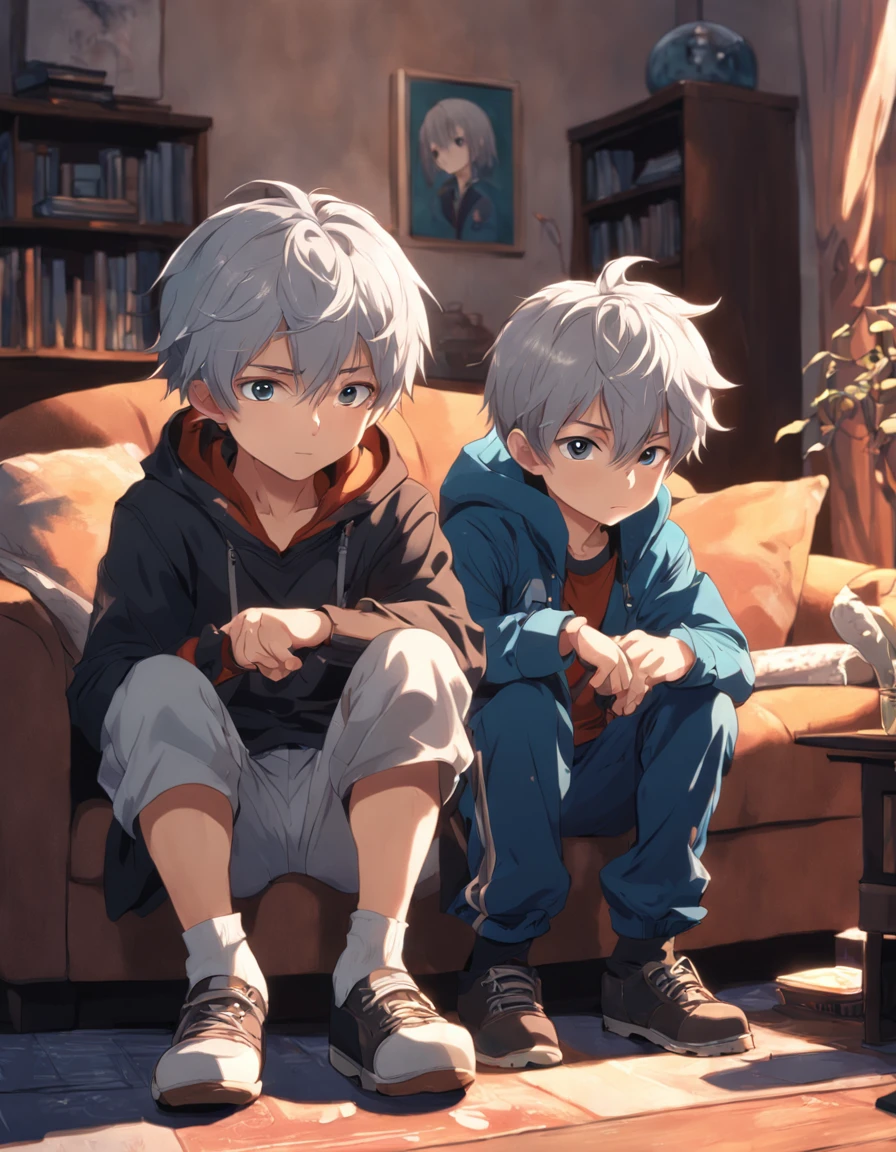 Two Boys, Silver-haired boy and brown-haired boy, Boy's room、sofas、Boys Love、hight resolution、ultra-detailliert