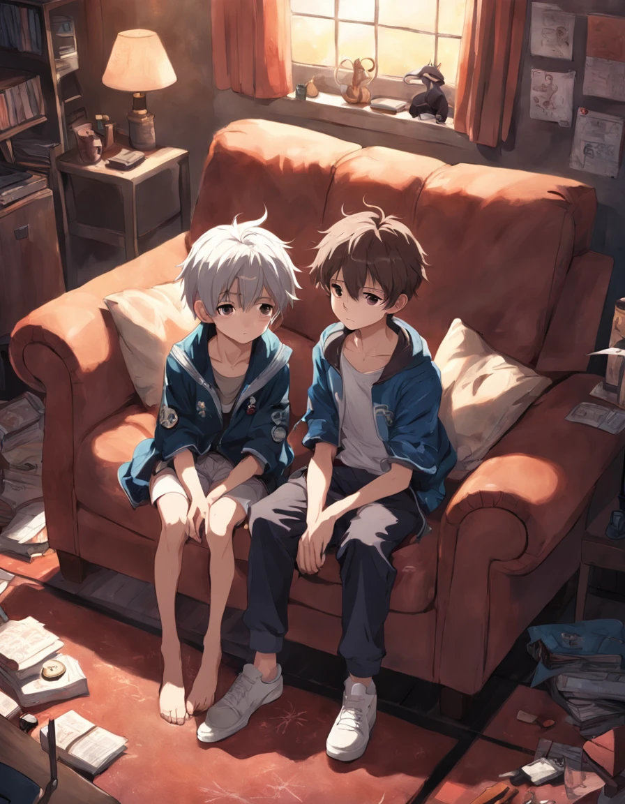 Two Boys, Silver-haired boy and brown-haired boy, Boy's room、sofas、Boys Love、hight resolution、ultra-detailliert