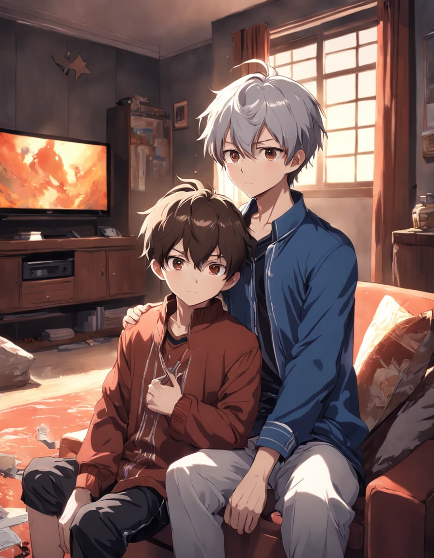 Two Boys, Silver-haired boy and brown-haired boy, Boy's room、sofas、Boys Love、hight resolution、ultra-detailliert