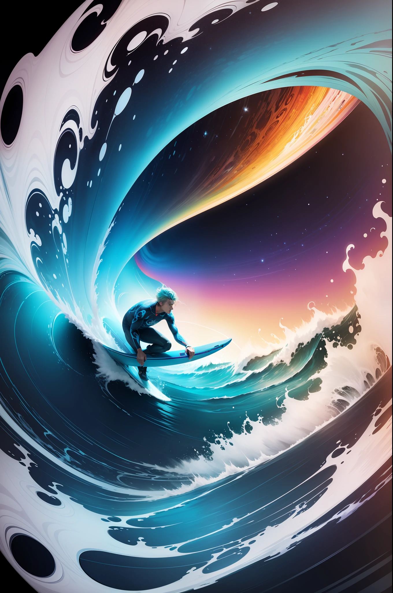 Create a psychedelic illustration of a surfer