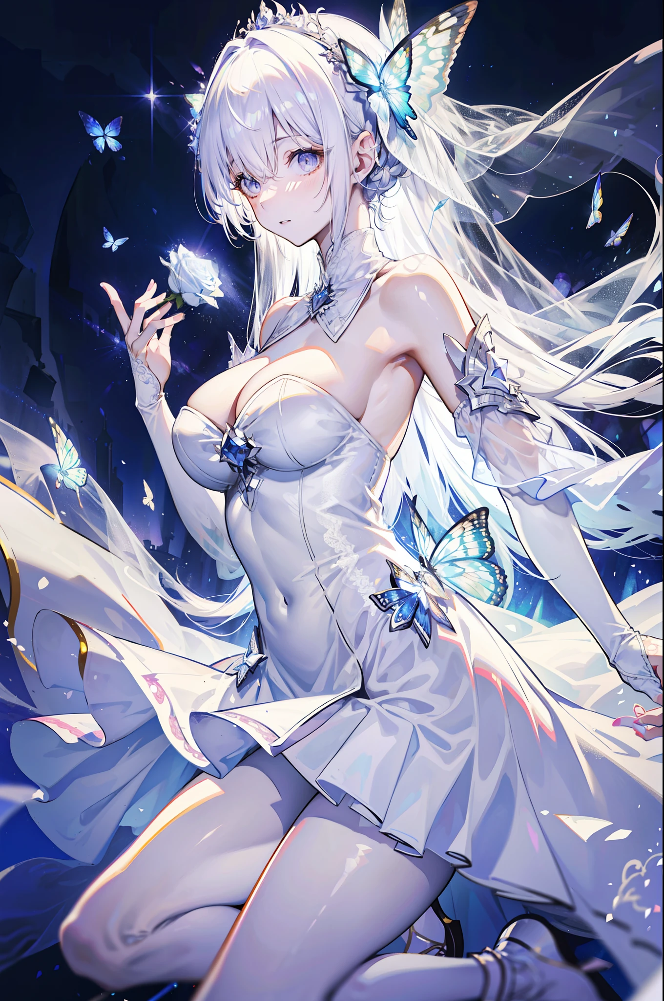 silber hair,butterflys,long whitr hair,white wedding gown,8k wallpaper,detailedbackground,Highest high resolution,deep v big breasts,Hair covers one eye,Bandeau wedding dress,chies,White rose,tight-fitting,stocklings
