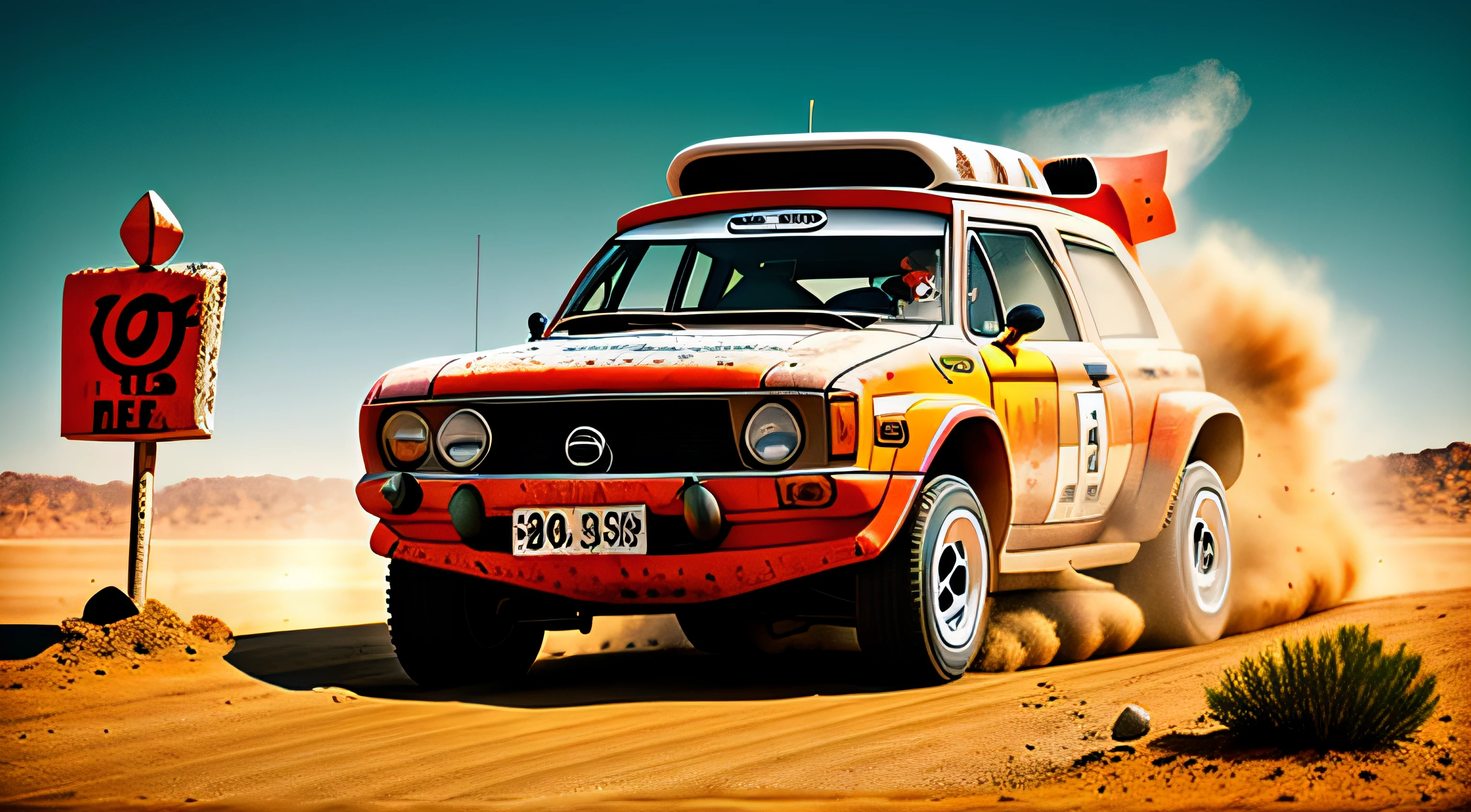 Rally car with eyes and mouth and nose in the salt desert