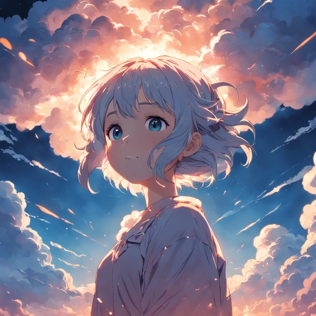 masterpiece, best quality, movie still, 1girl, cloud girl, floating in the sky, close-up, bright, happy, warm soft lighting, sunset, (sparks:0.7)