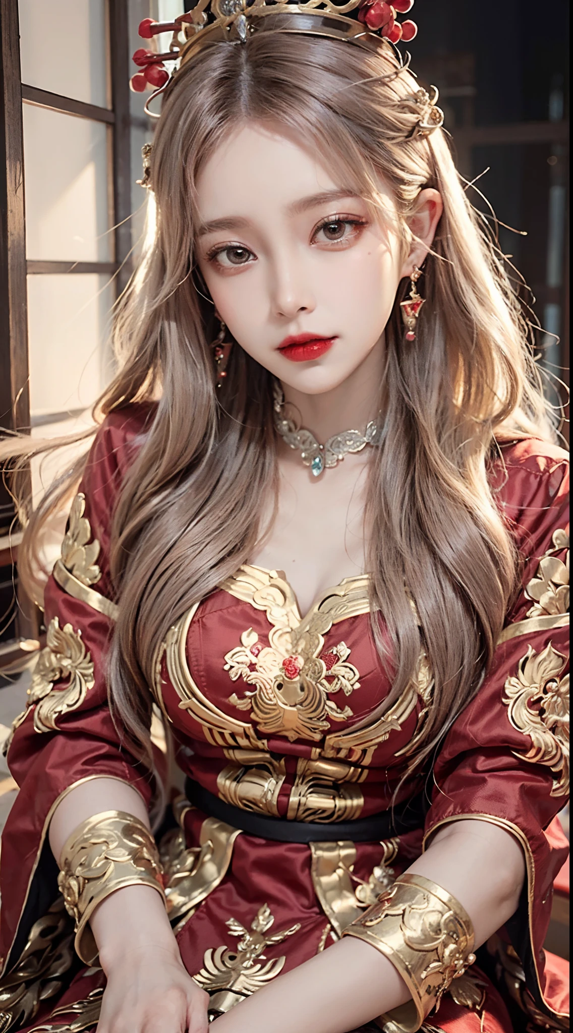(Ultra-realistic 8k CG: 1.2), perfect artwork, delicate patterns, intricate details, (unparalleled masterpiece, best quality: 1.2), (extremely complex: 1.2), a woman in a red and gold dress, phoenix crown, hair stick, (sitting on a red bed), makeup, blush, shyness, white hair, looking down, cosmetics, (forehead point), (2 red candles), Chinese_clothes, curtains, earrings, hair_ornament,hanfu, interior, jewelry, red nails, long_sleeves, red dress, red lips, tassels, (red quilt), (red palace: 1.2), (ancient Chinese architecture), (red: 1.8), night