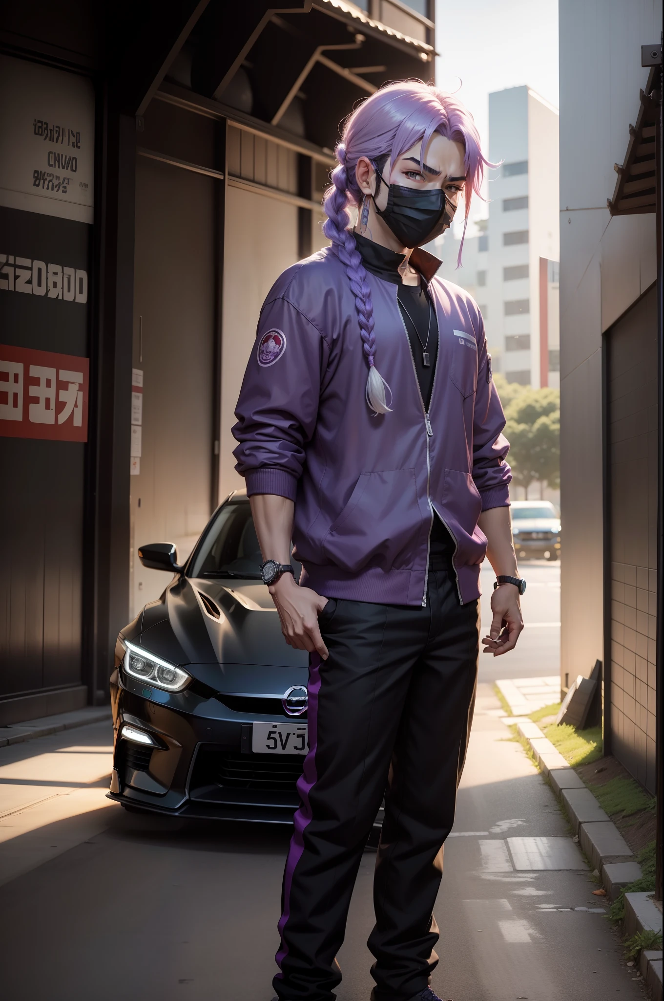Anime caiveira mask boy standing in front of car nissan silvia s15, fundo da cidade japonesa , estilo anime 4K, anime badass 8K, anime boy with purple root braid,