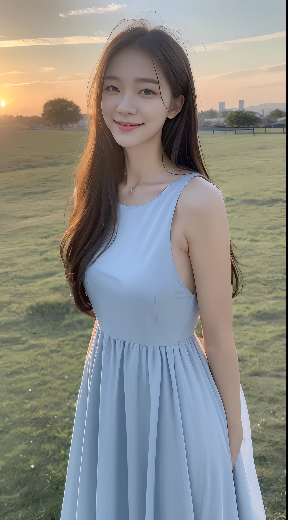 (1 Korean star with royal sister style), ((Best quality, 8K, 巨作: 1.3)), focal point: 1.2, Perfect body proportions: 1.4, (Make a smile), (Sunset: 1.3), Watery eyes, Highly Detailed Face and Skin Textur, Fine eyes, Double eyelids, Whitens the skin, (long whitr hair, Air bangs: 1.3), (Round face inches: 1.5), (Wet dress dress: 1.4), (Sketch 1:2,) (grassy fields,suns,clouds,Tano,farms,starlights,footpath)