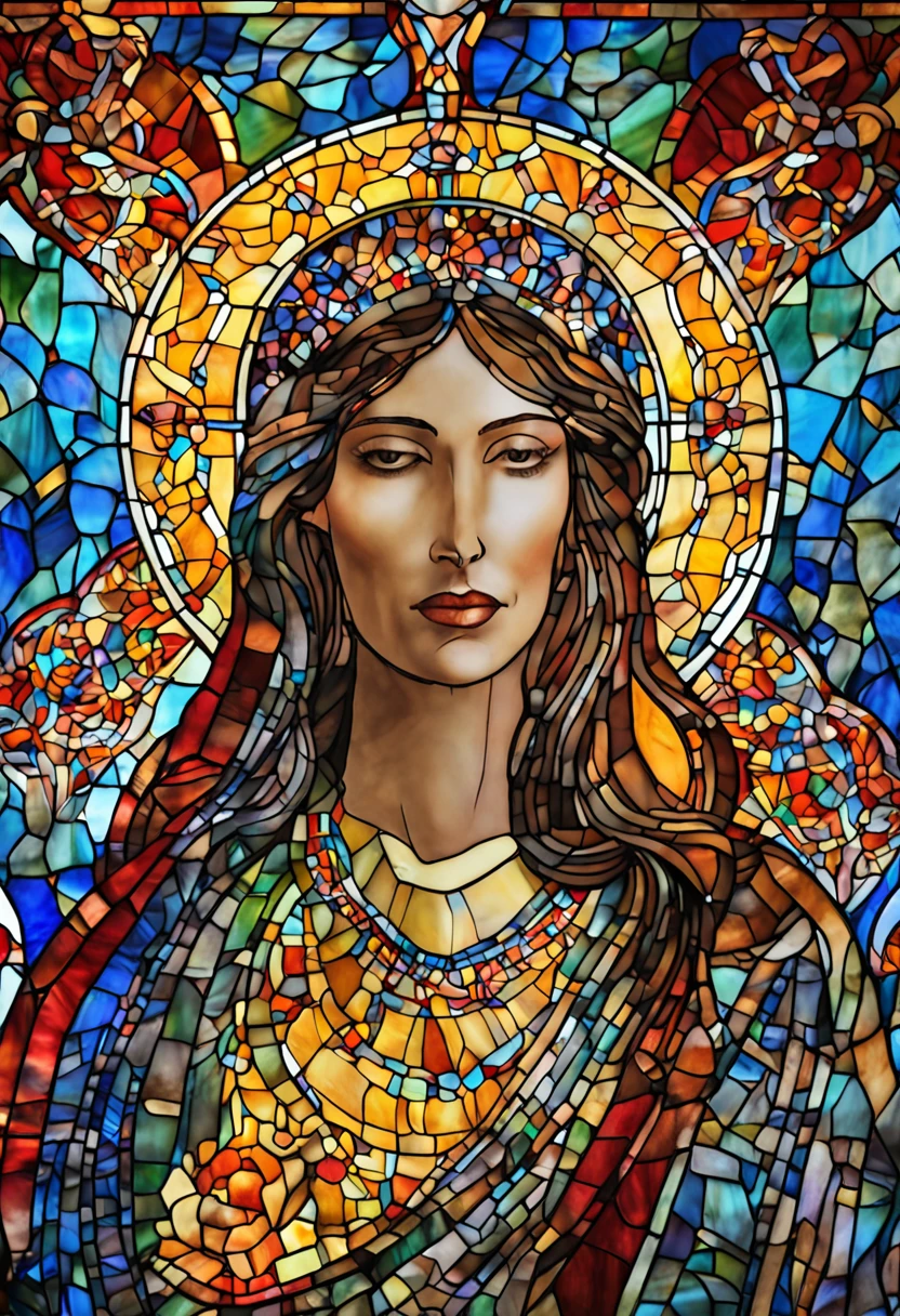 (Masterpiece, Best Quality, Best Quality, Official Art, Beautiful and Aesthetic: 1.2), (Woman in her 40s kneeling in prayer: 1.3), 1 FEMALE BREAK Stained glass art, colored glass, lead line, light transmittance BREAK Vivid colors, intricate design, luminous effects, spiritual atmosphere, very detailed faces, clear hands, (scenes that look very small from a distance), light on the face
