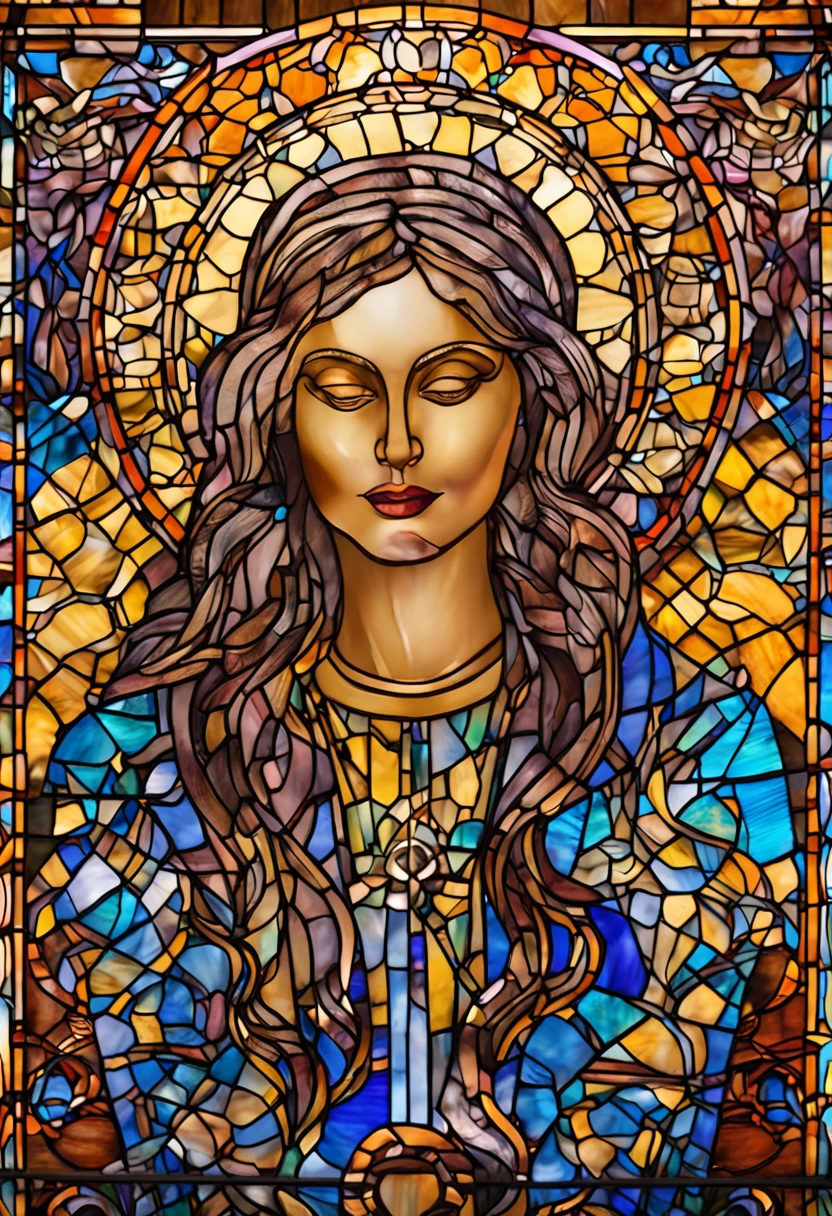 (Masterpiece, Best Quality, Best Quality, Official Art, Beautiful and Aesthetic: 1.2), (Woman in her 40s kneeling in prayer: 1.3), 1 FEMALE BREAK Stained glass art, colored glass, lead line, light transmittance BREAK Vivid colors, intricate design, luminous effects, spiritual atmosphere, very detailed faces, clear hands, (scenes that look very small from a distance), light on the face