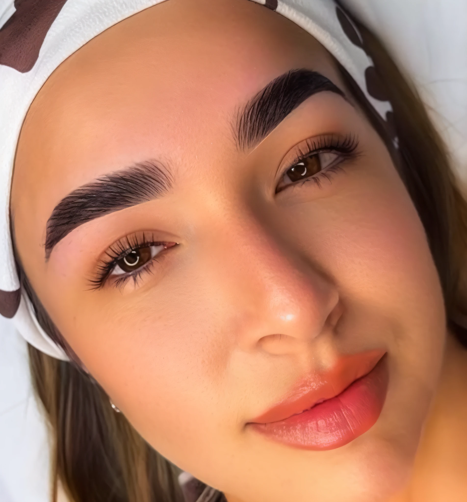 there is a woman with a headband on her head and a white towel on her head, large eyebrows, big bold thick eyebrows, relaxed eyebrows, post-processing for surreal luminosity, 35mm f/1.4 lens, Sony A7R IV, iridescent color grading for an otherworldly feel.