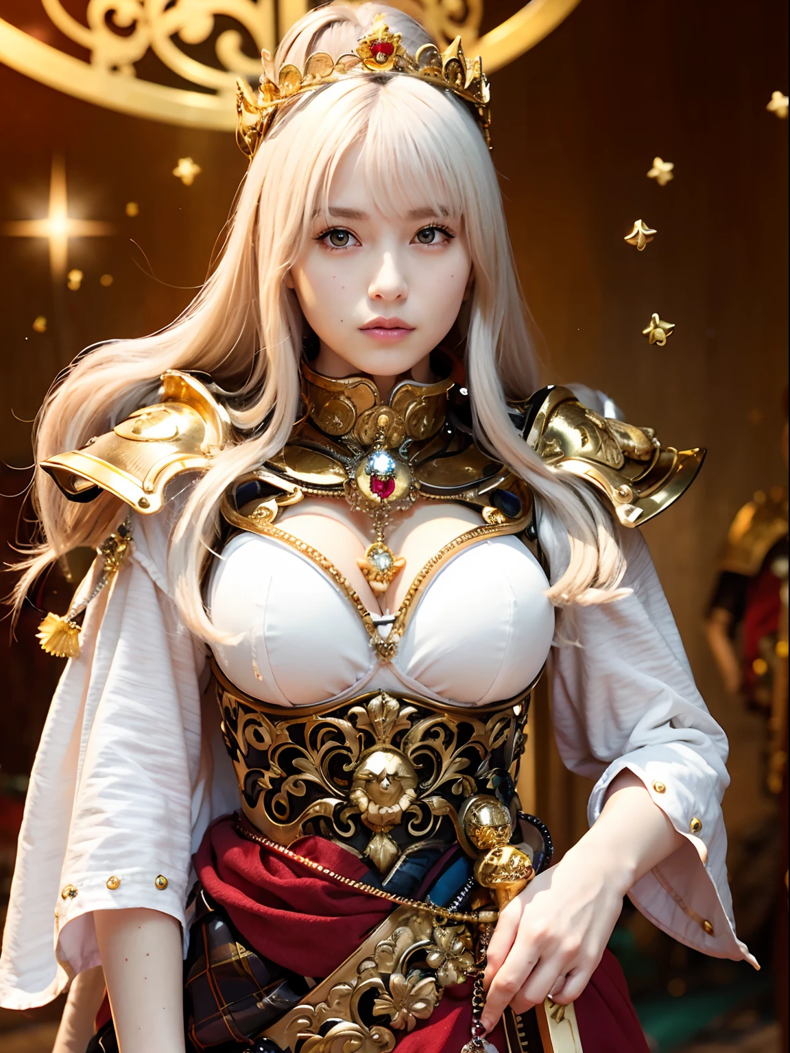 (masutepiece), Professional , masterpiece、top-quality、photos realistic , depth of fields (Gemstone Silver Metal Body:1.9),(Matte White、(Interior background of a luxurious castle)、Jewel Gold Weapon、(Flying in the sky),Gorgeous metal weapons,(Detailed and realistic angel white wings) , Detailed Sword of the Brave , Beautiful knife 、delicated face、20 years girl ,warhammer 40k , adepta sororitas,Detail and ornate jewel crown、a blond、(Gangle's forest background)、Beautiful Caucasian beauty、1a person、dynamic ungle,(((Detailed and ornate diamond crown)))、Smaller head、A smile、Powerful poses、Beautiful thin fingers of a woman、cleavage of the breast、