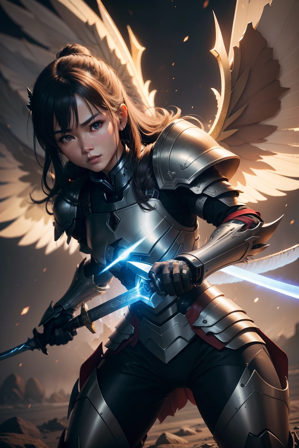 extremly high detail,复杂,8k,HDR,the wallpaper,cinmatic lighting,(kosmos),(clutching a sword:1.3),with light glowing,armour,glowing light eyes,mechs,large wings,